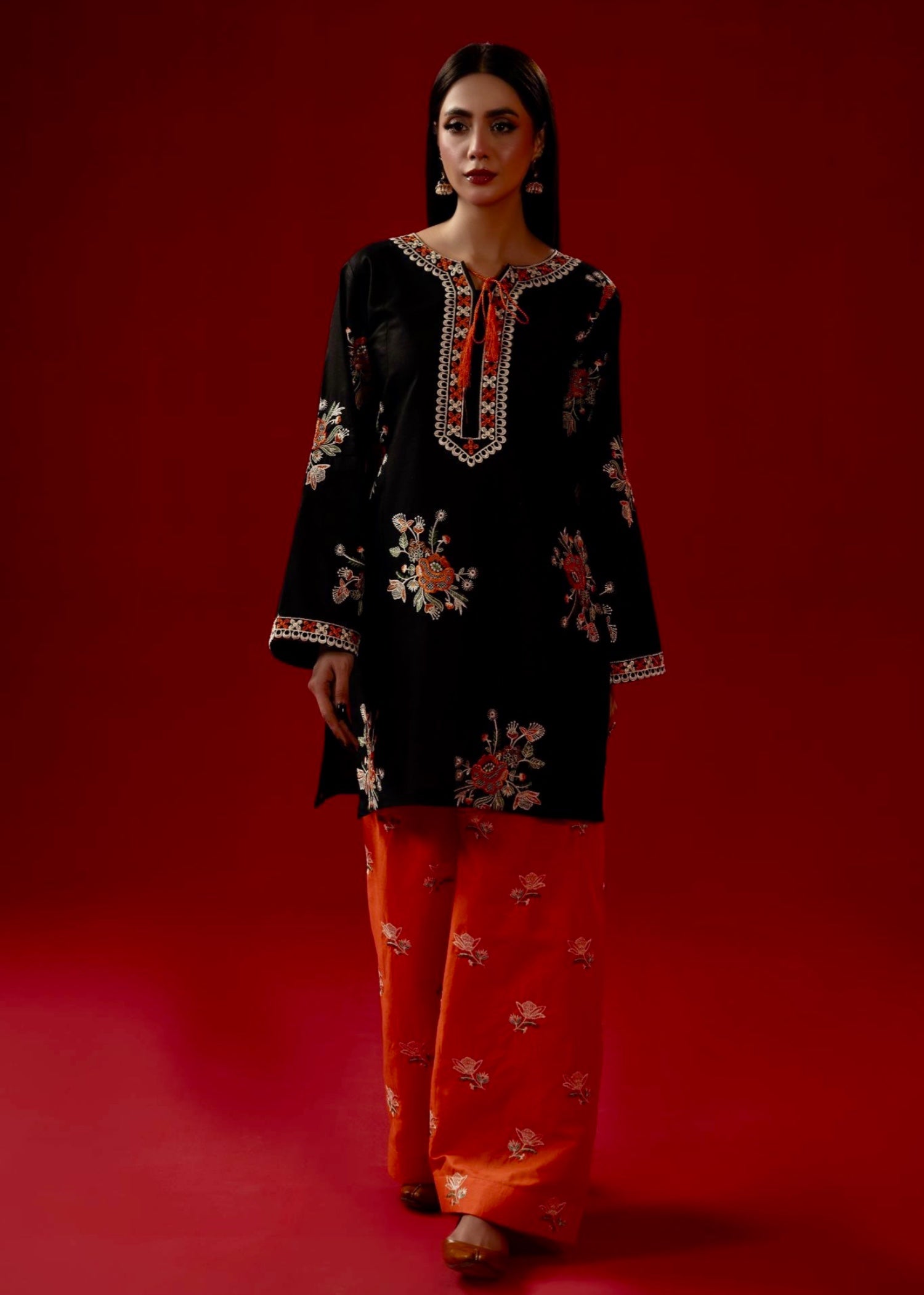 cambric Kurta Set in Black, pumpkin orange