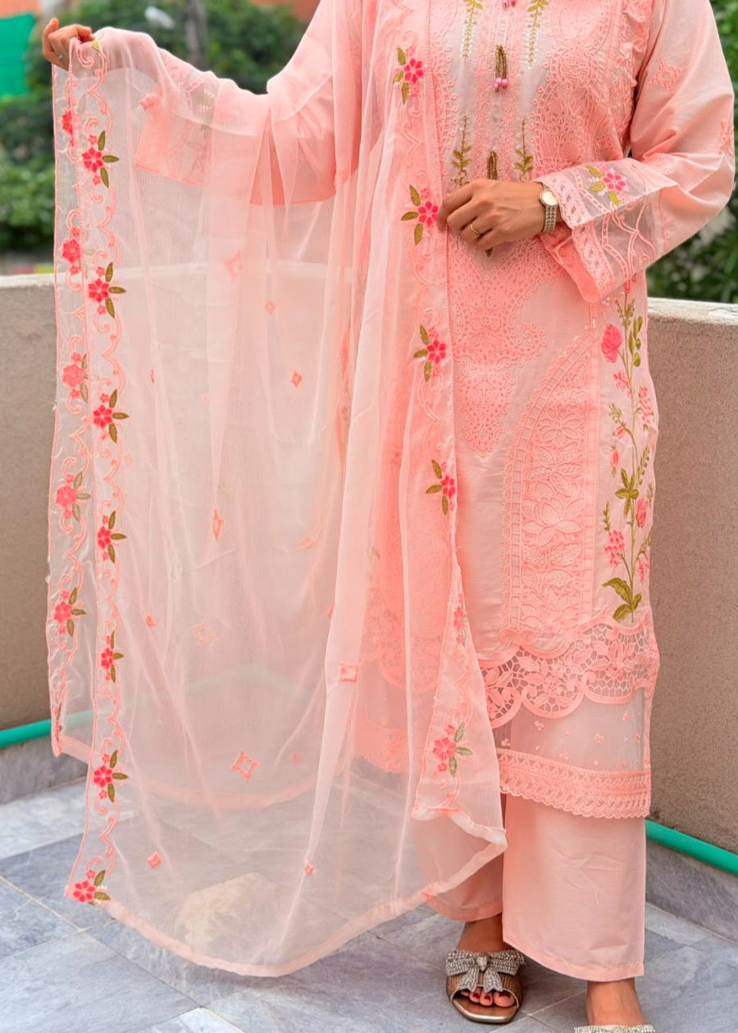 lawn cotton Kurta Set in Peach pink, neon green