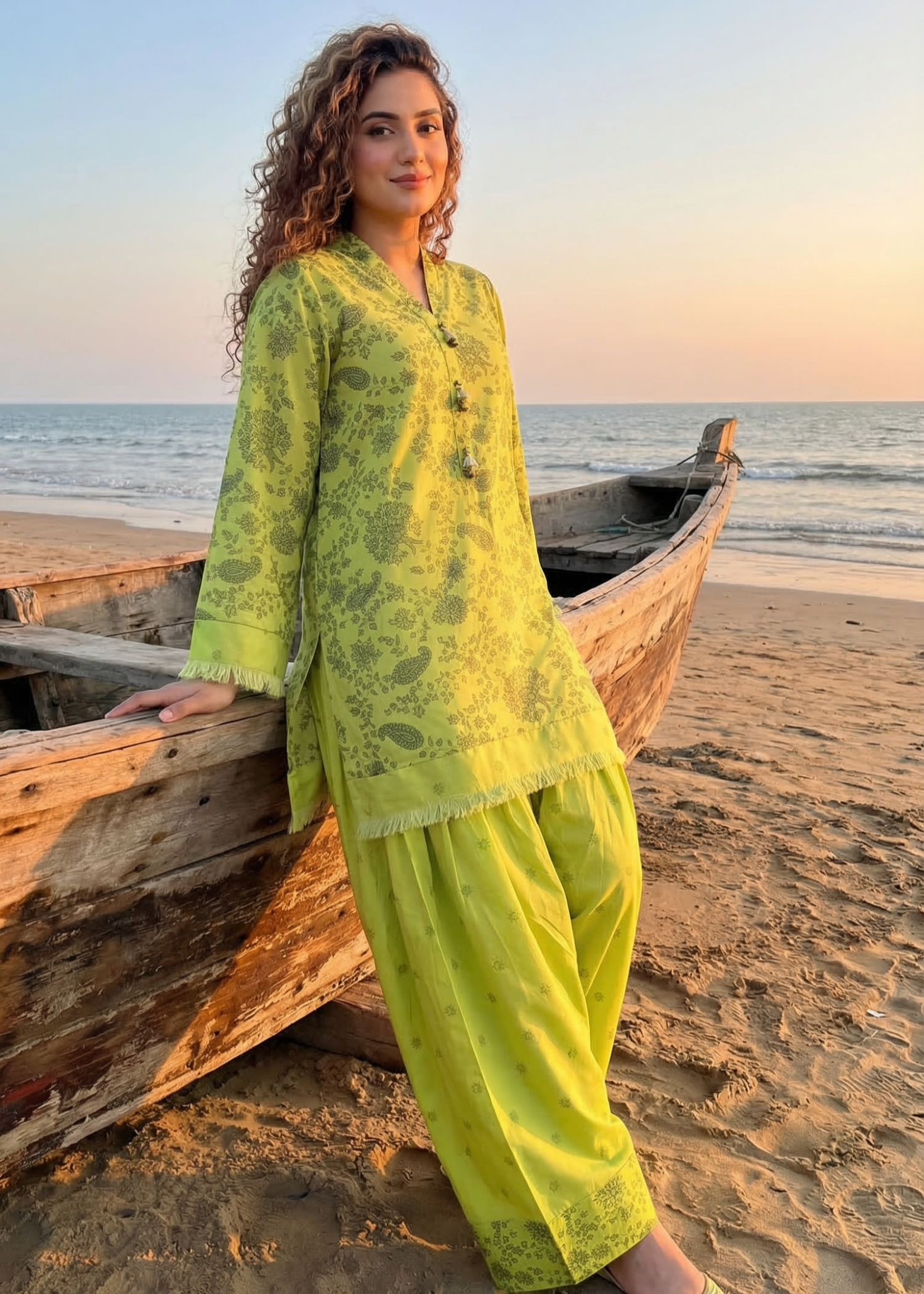 silk finish lawn Kurta Set in Key lime