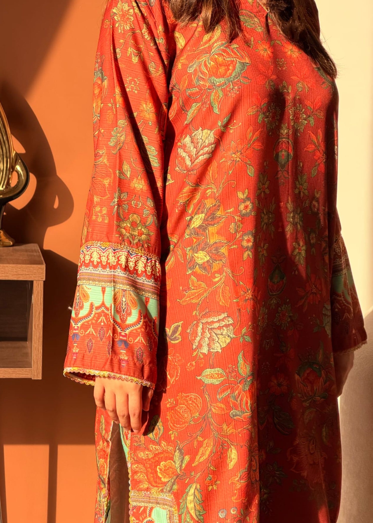 dobby Kurta Set in Coral red