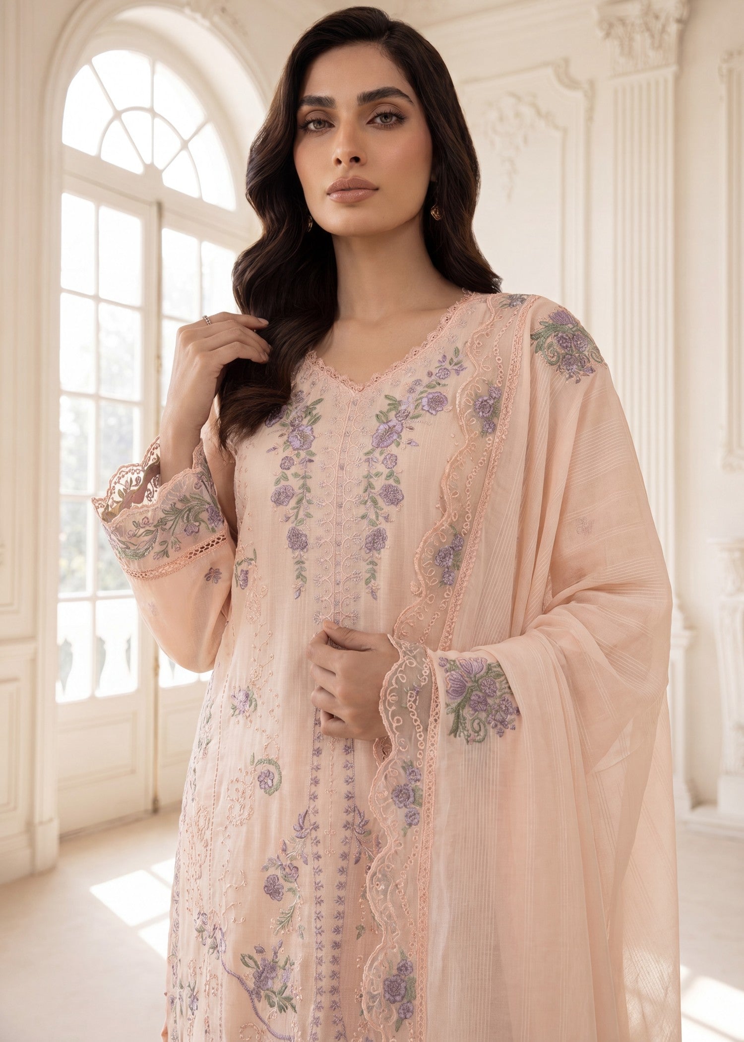 slub lawn Kurta Set in Peach orange