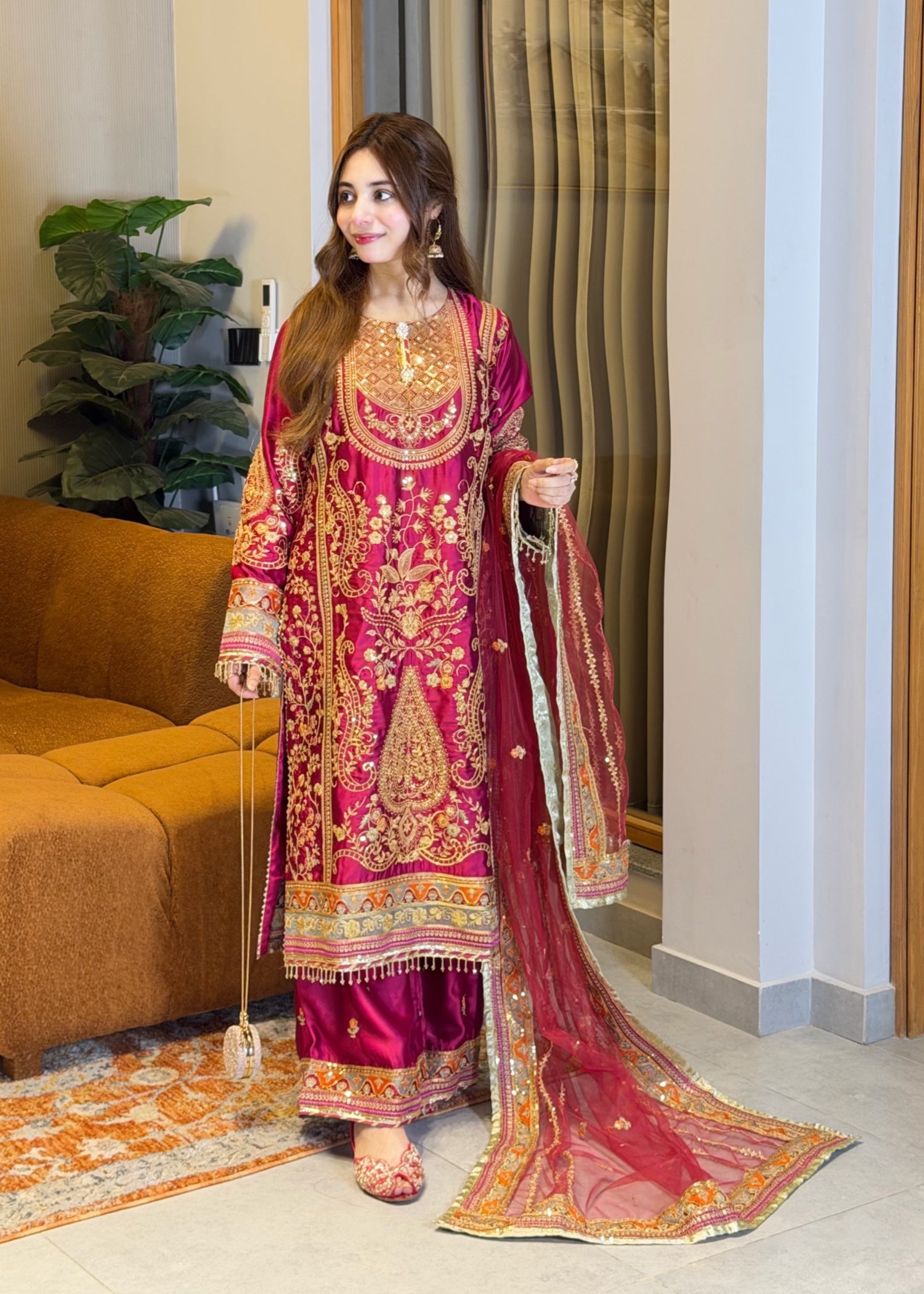 silk Sharara in Raspberry