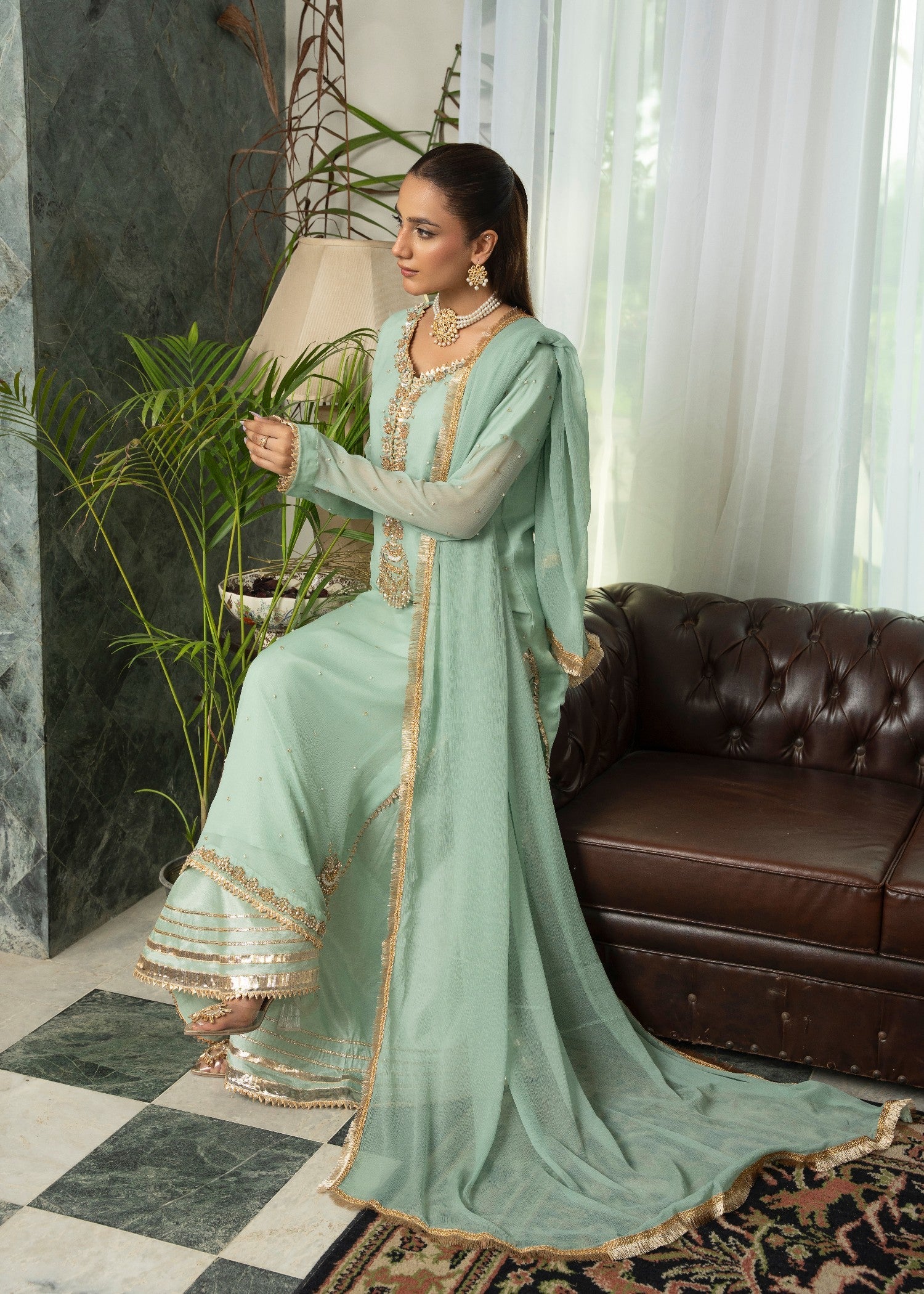 chiffon Kurta Set in Tea green