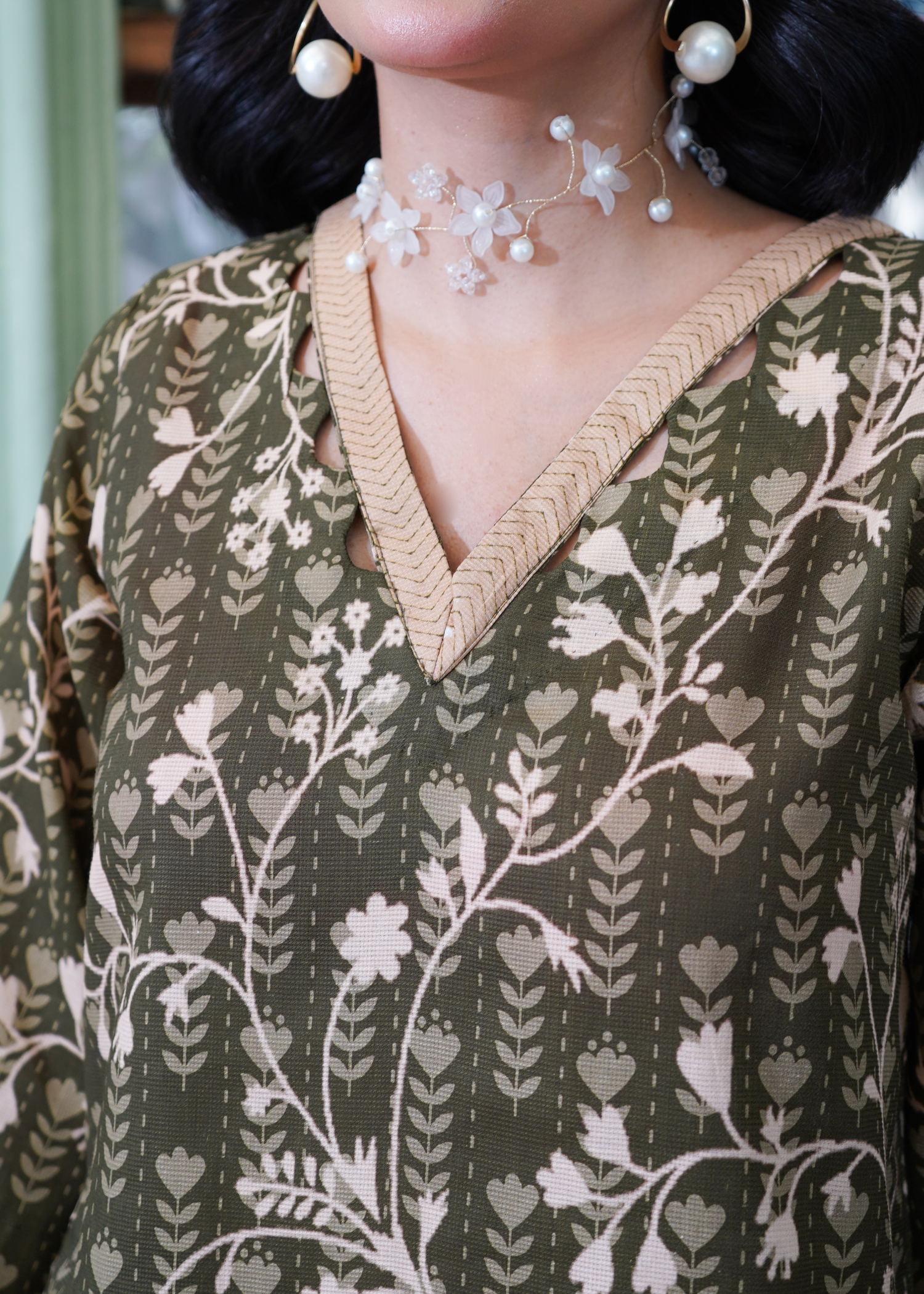 dobby Kurta Set in Olive green