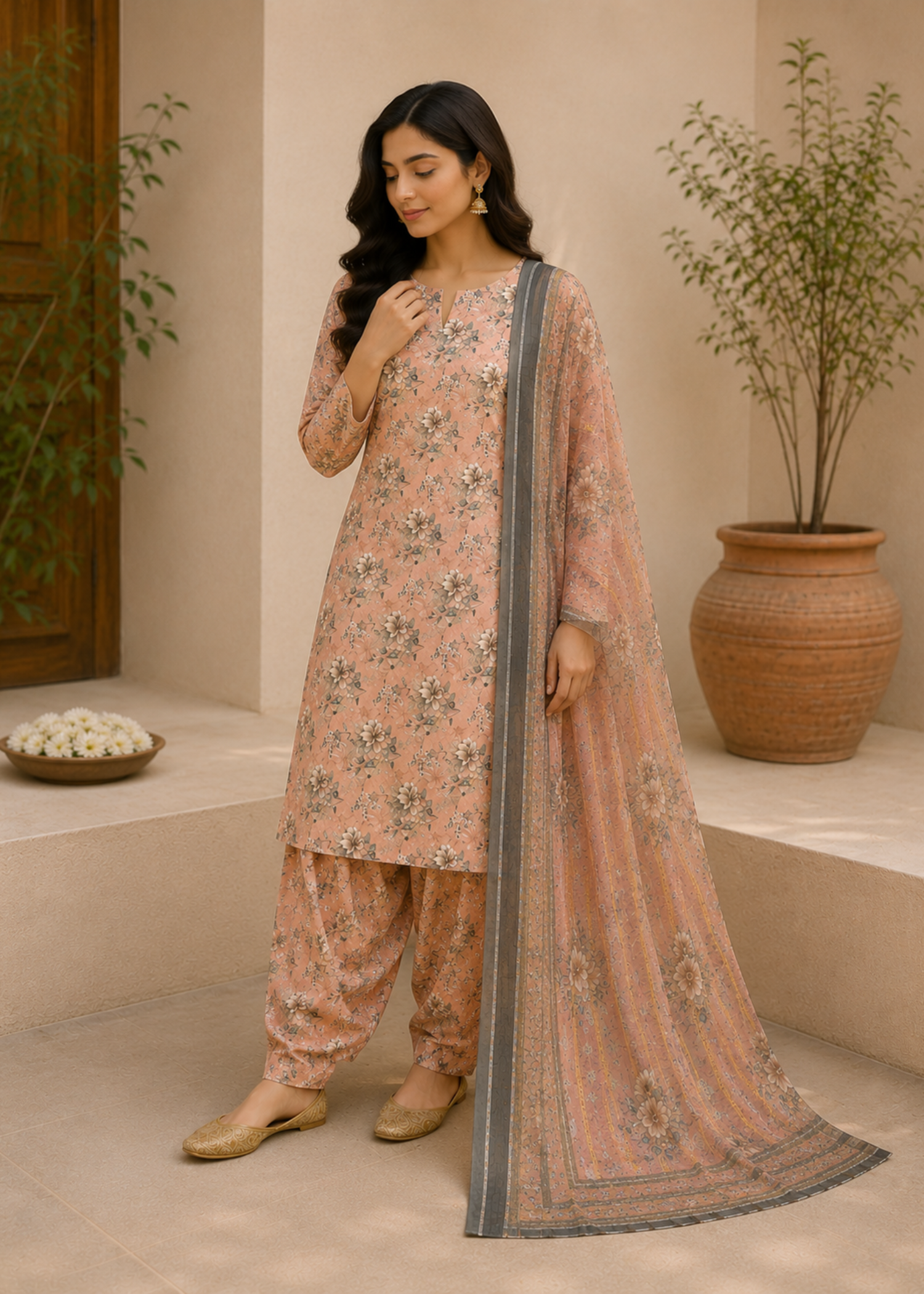 swiss lawn Unstitched in Peach pink