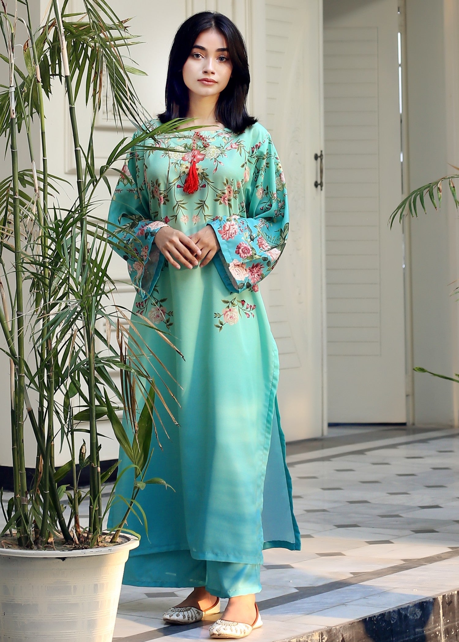 poly lawn Kurta Set in Aquamarine