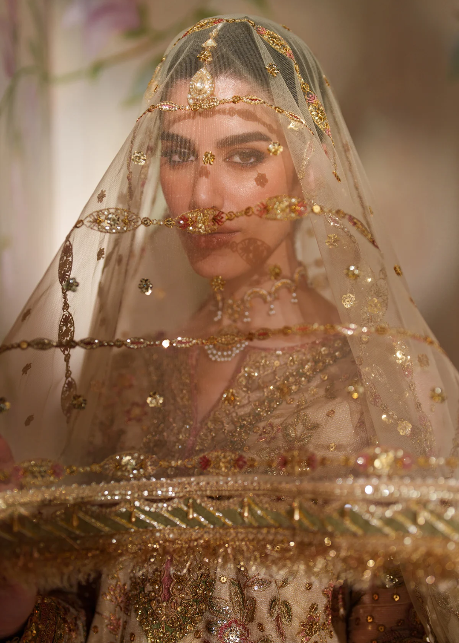 zari net Unstitched in Beige