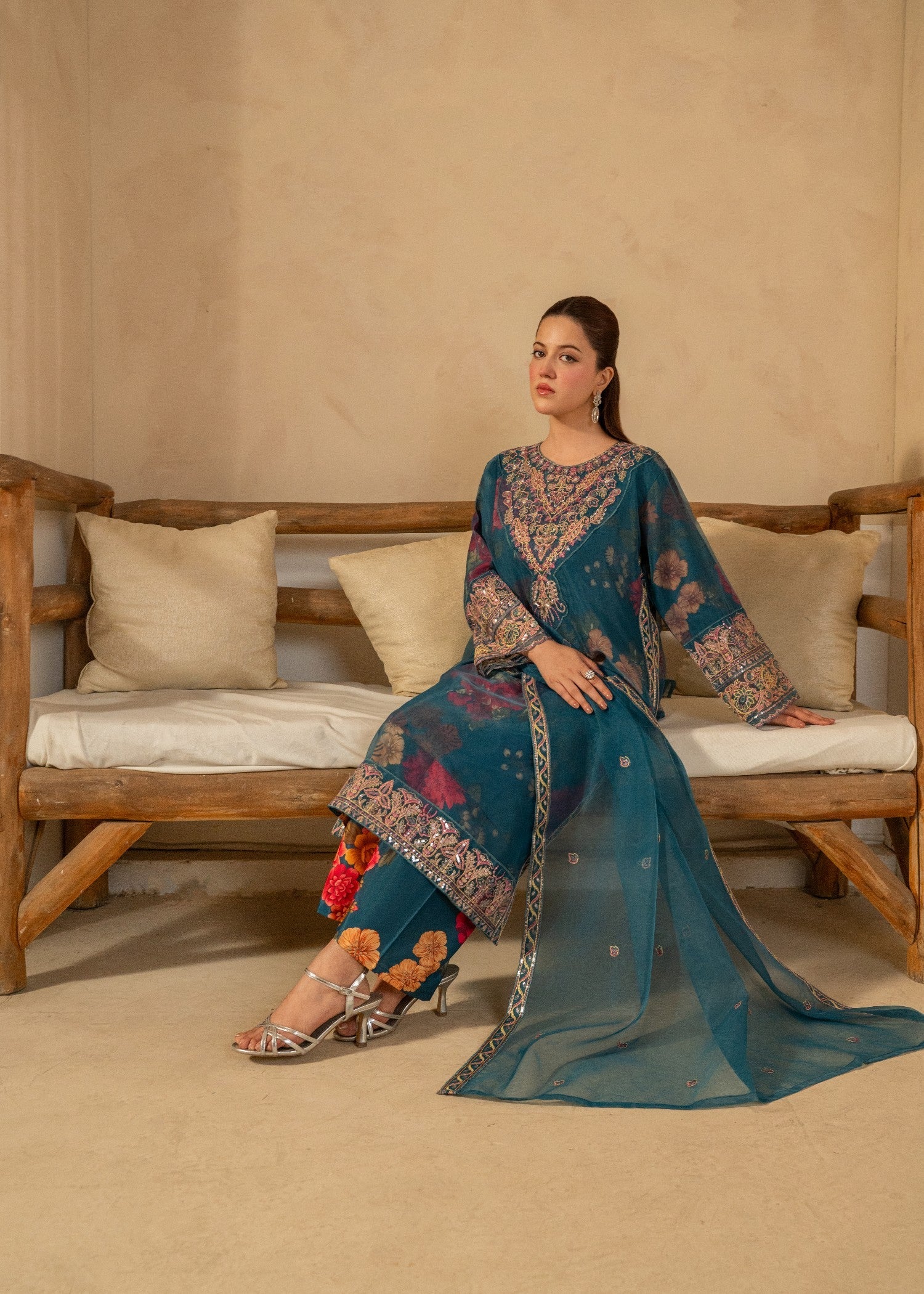 organza Kurta Set in Pine green