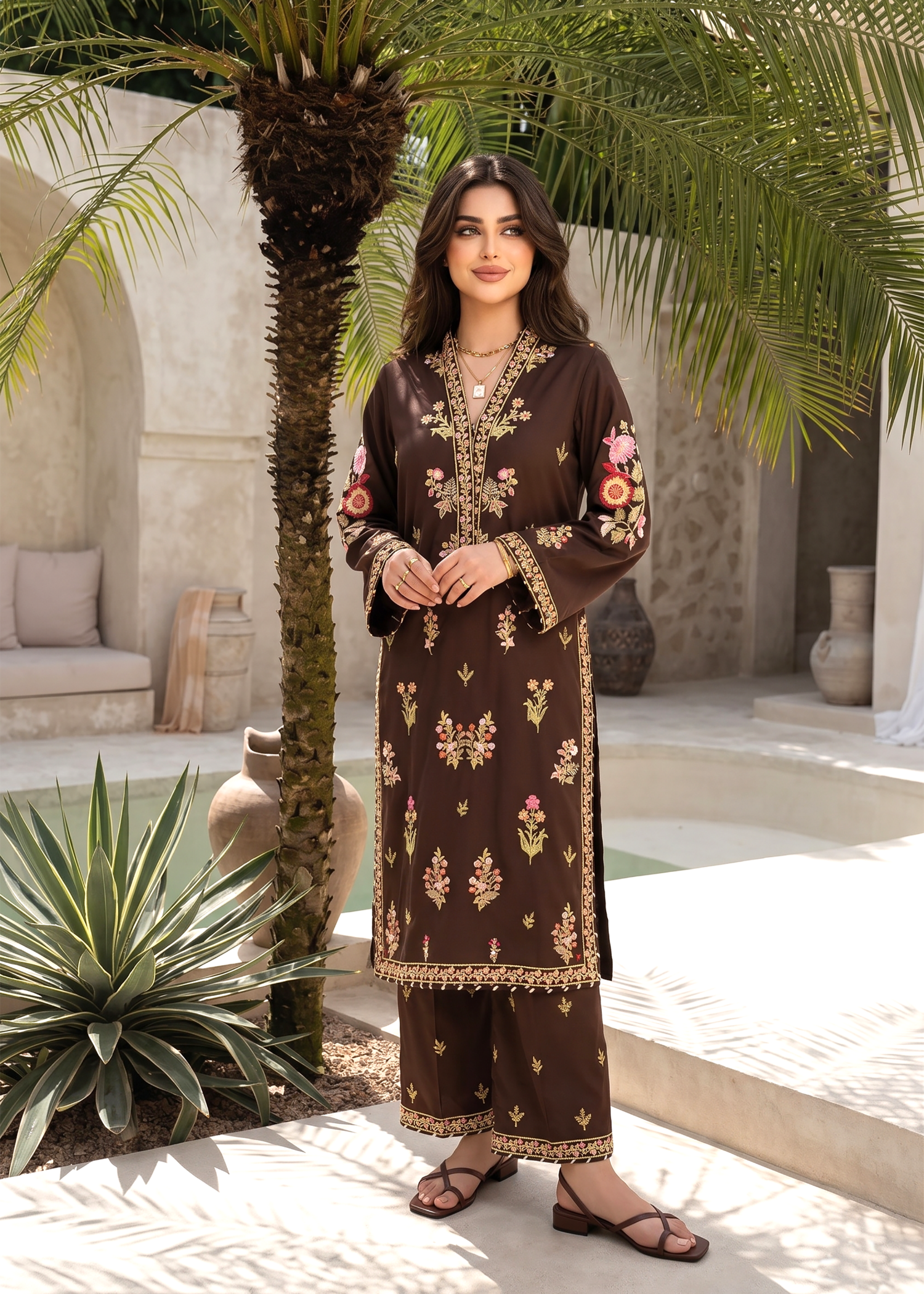 cambric Kurta Set in Brown