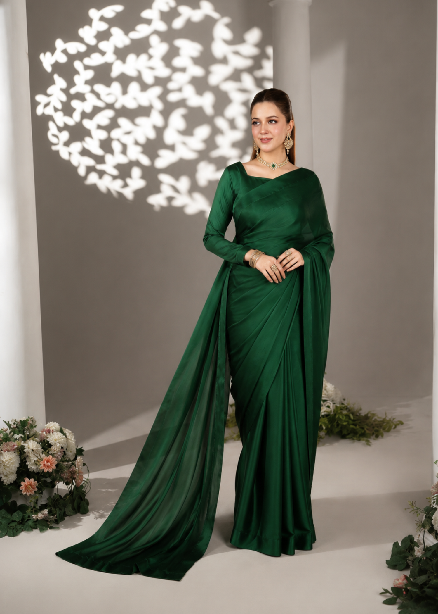 silk Saree in Bottle green