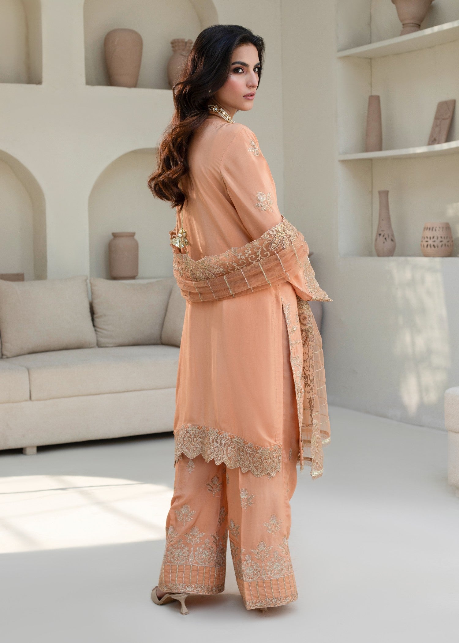 pure silk Kurta Set in Peach pink