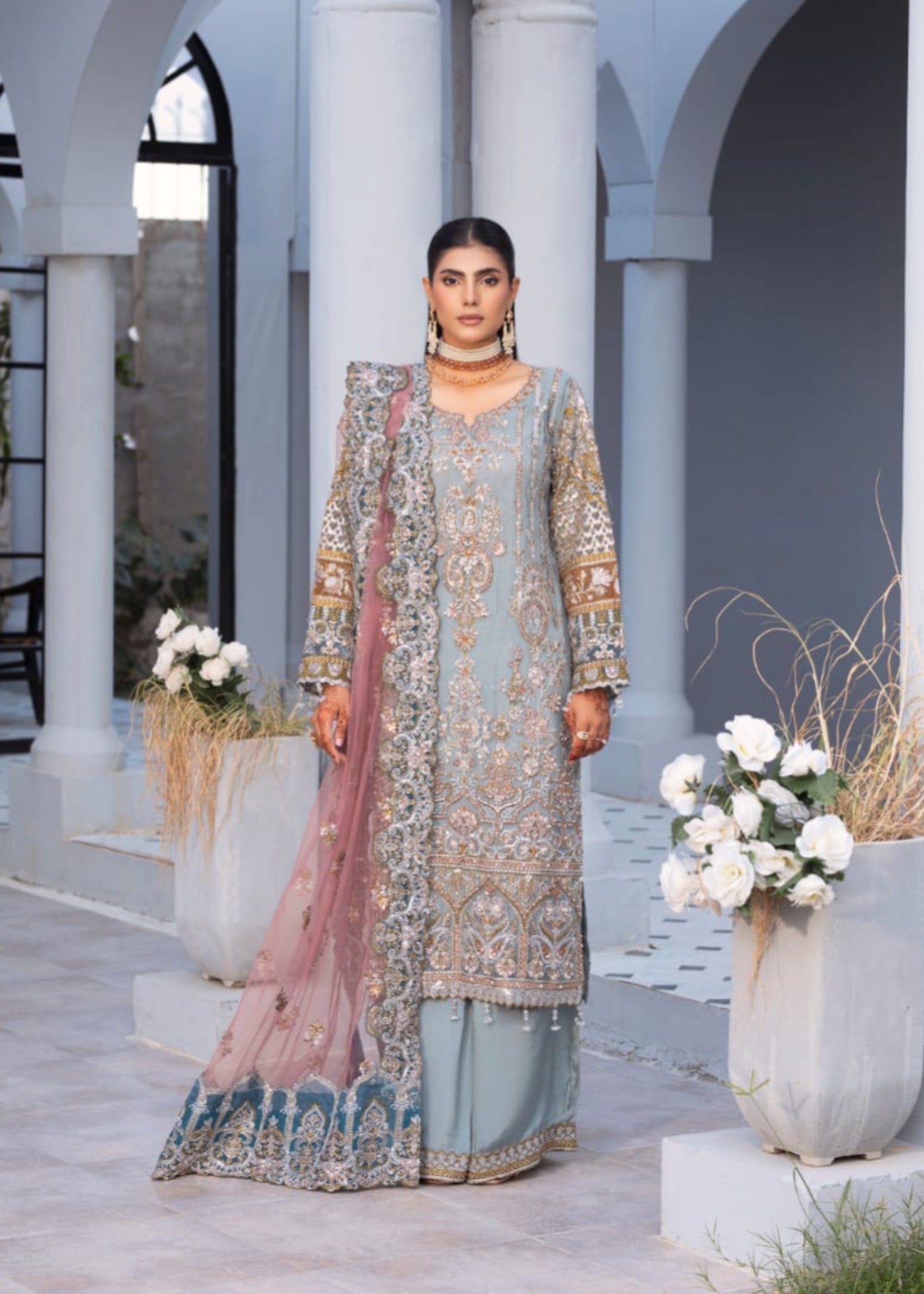 net Kurta Set in Slate grey