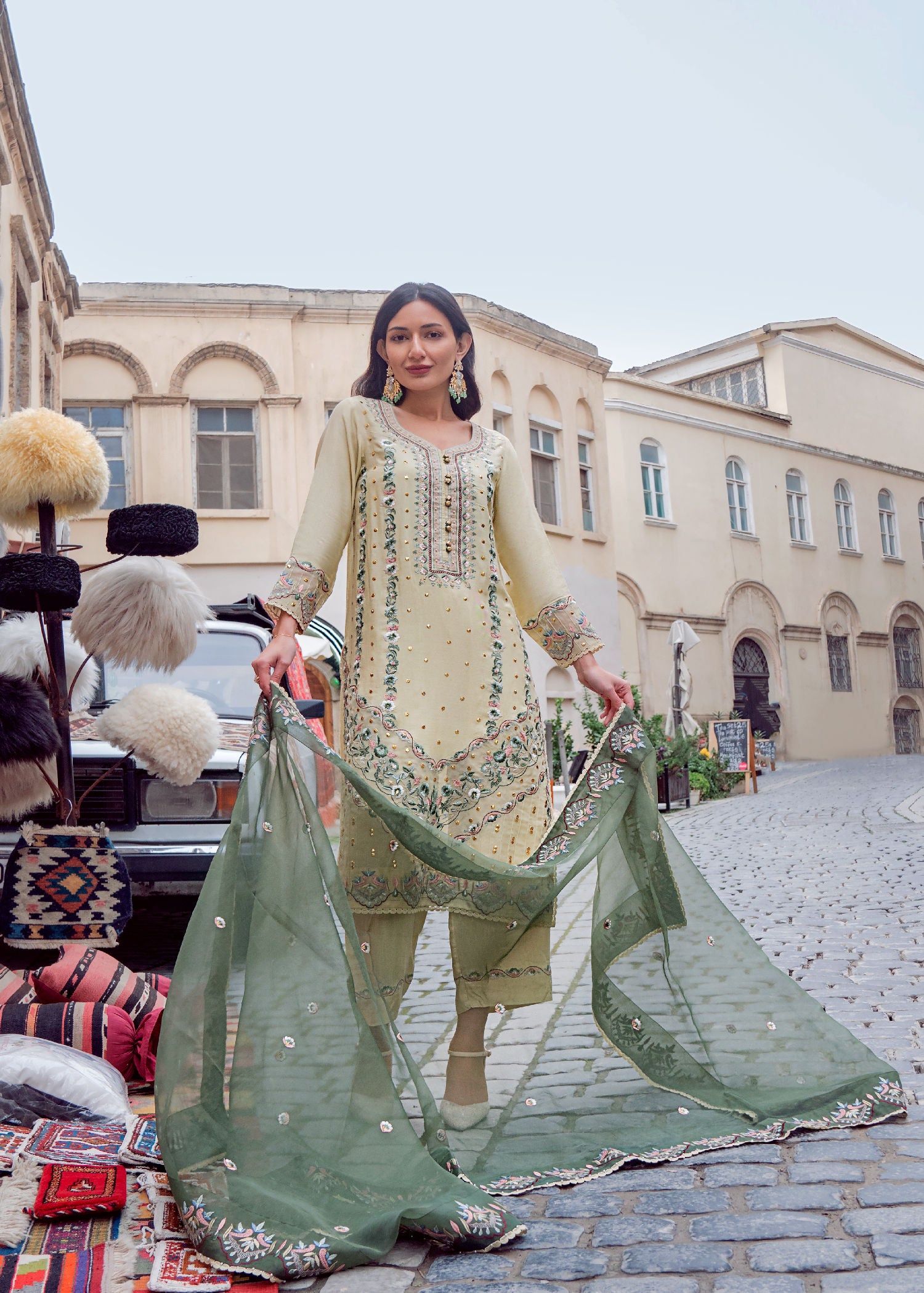 silk cotton net Kurta Set in Key lime