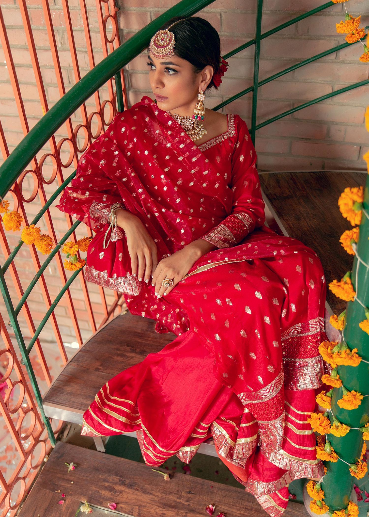 lawn karandi Gharara in Red