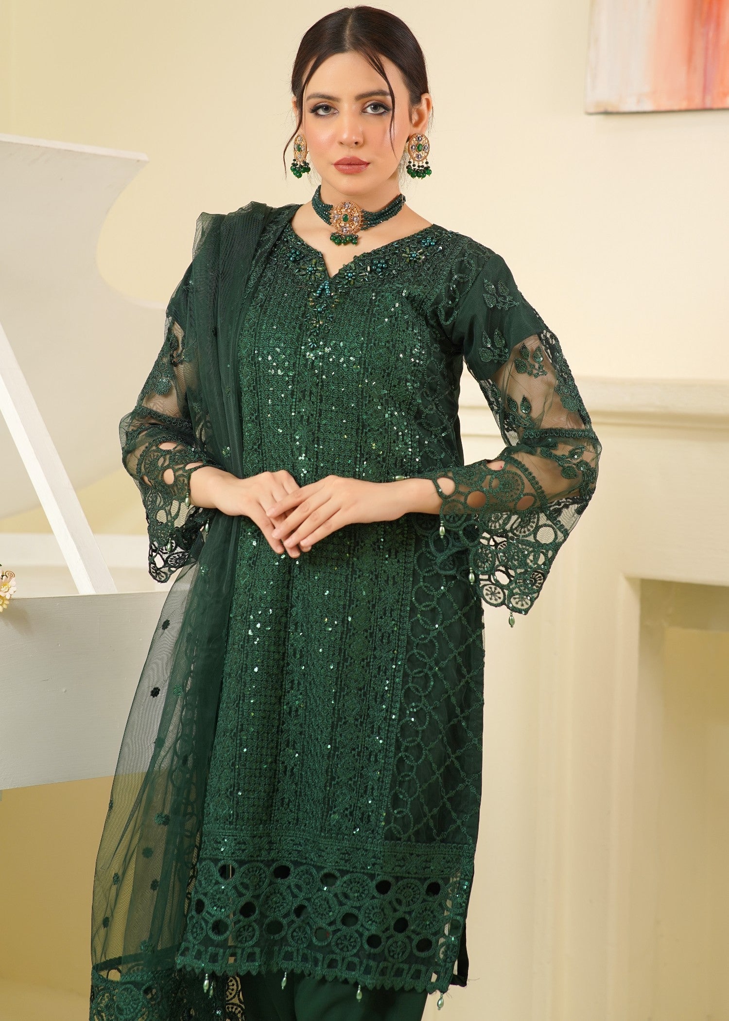 net Kurta Set in Green