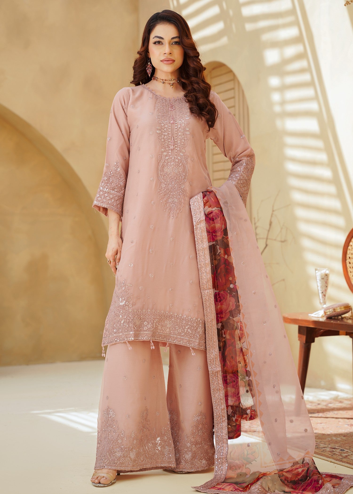 chiffon Kurta Set in Pastel pink