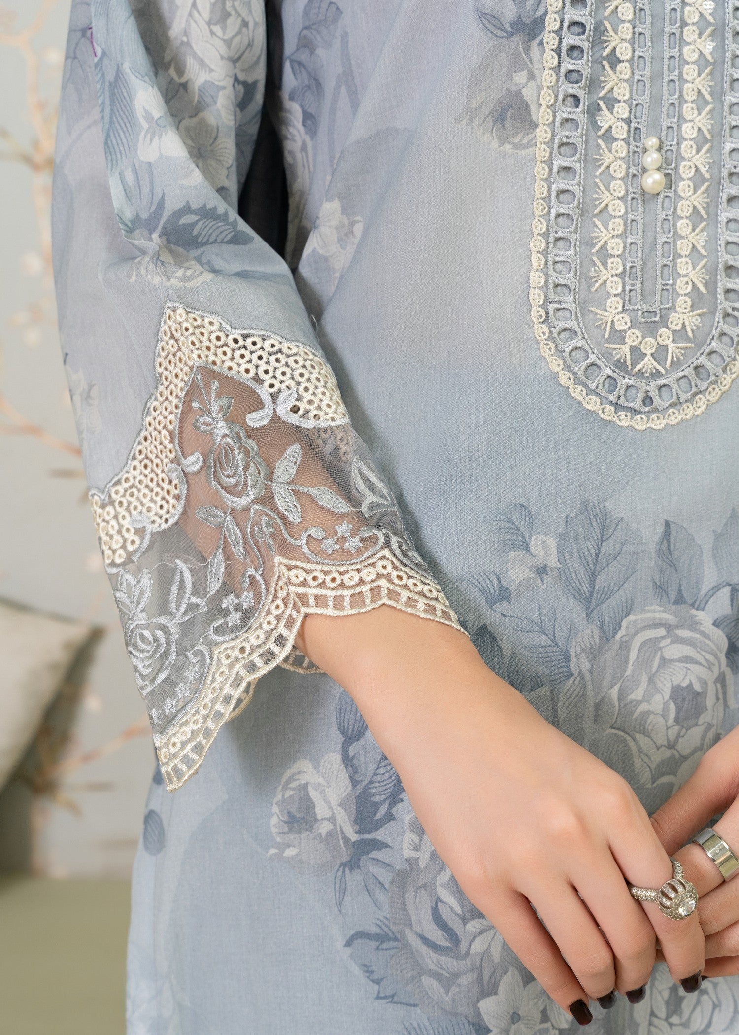 lawn Kurta Set in Duck egg grey