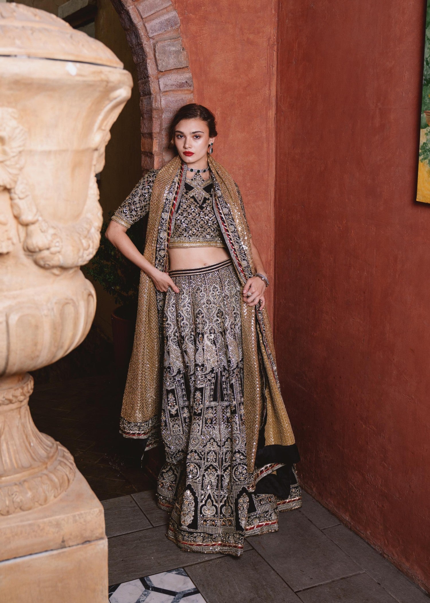 silk Lehenga in Yellow, black