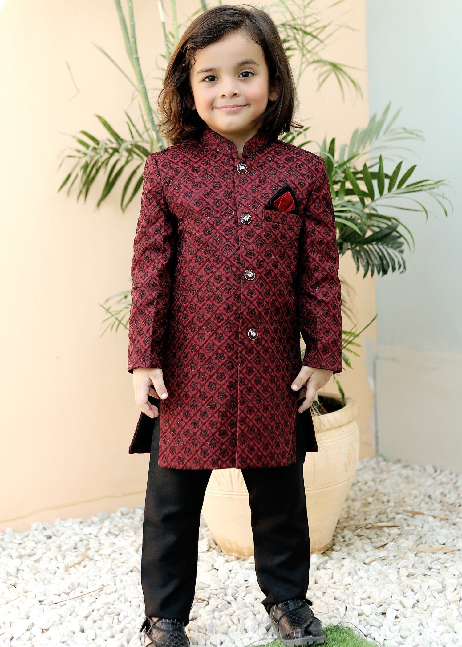 raw silk Sherwani in Berry red