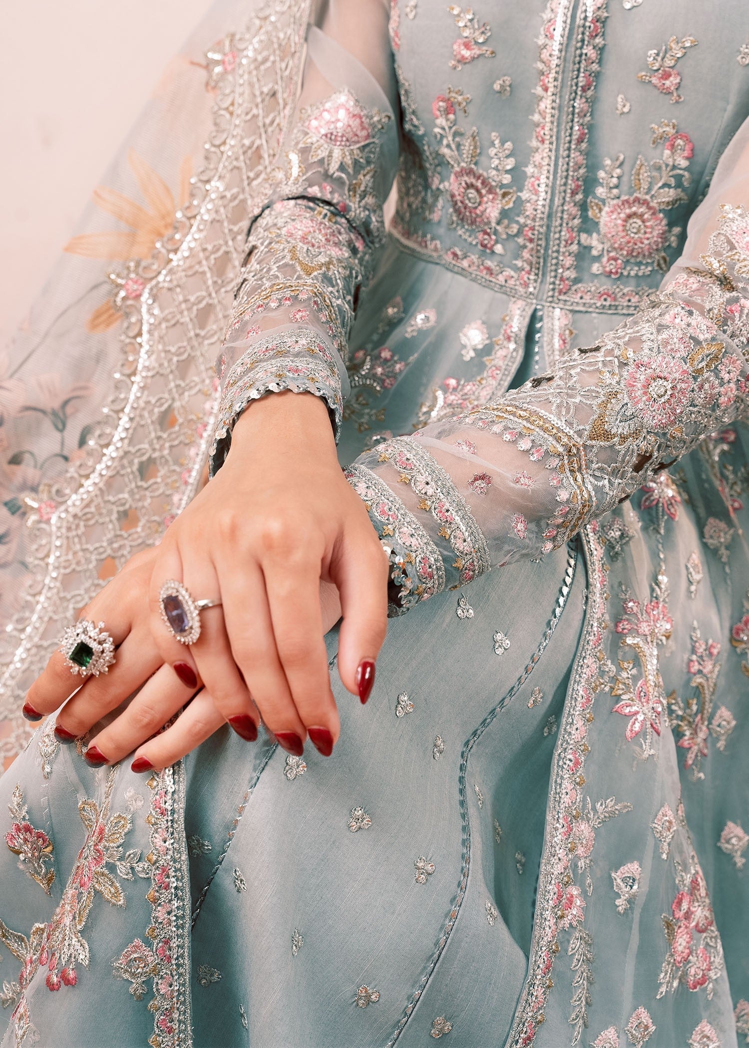 organza Pishwas in Ice blue