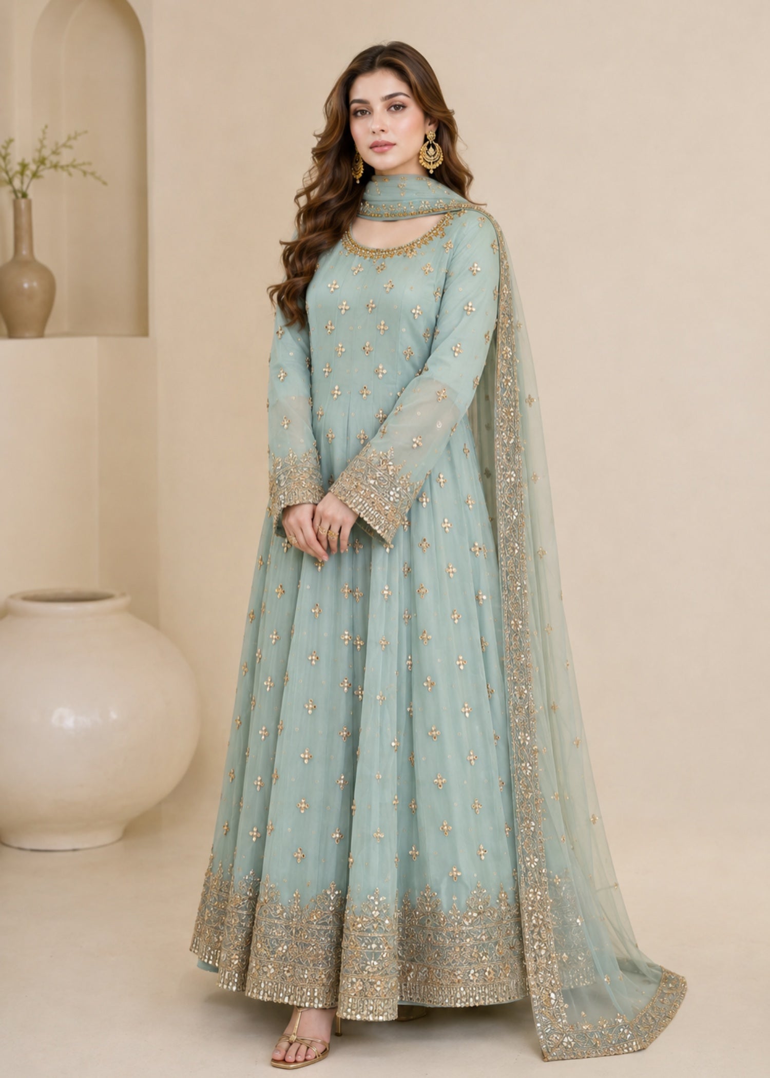 chiffon Pishwas in Aquamarine