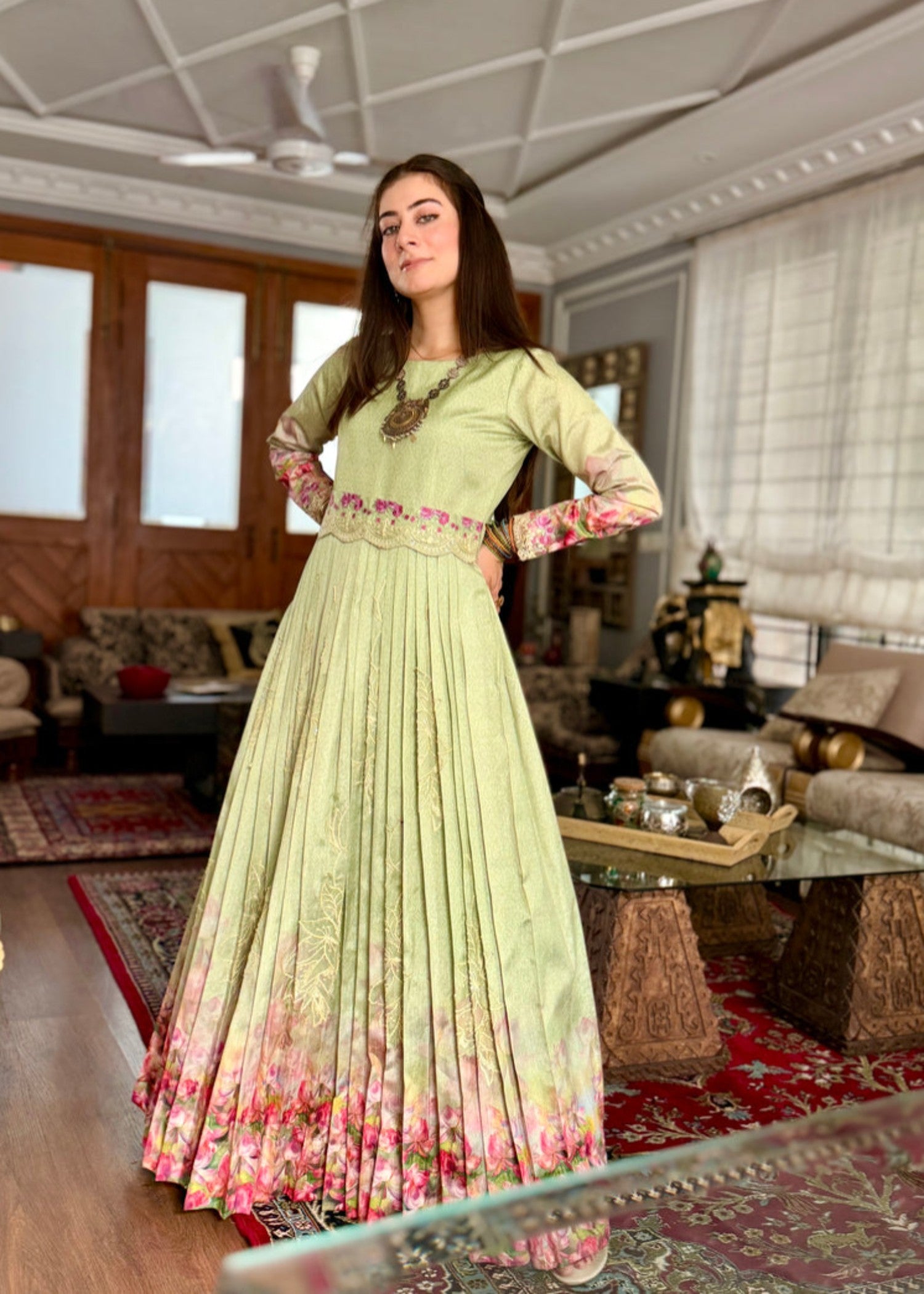 raw silk Maxi in Sage green