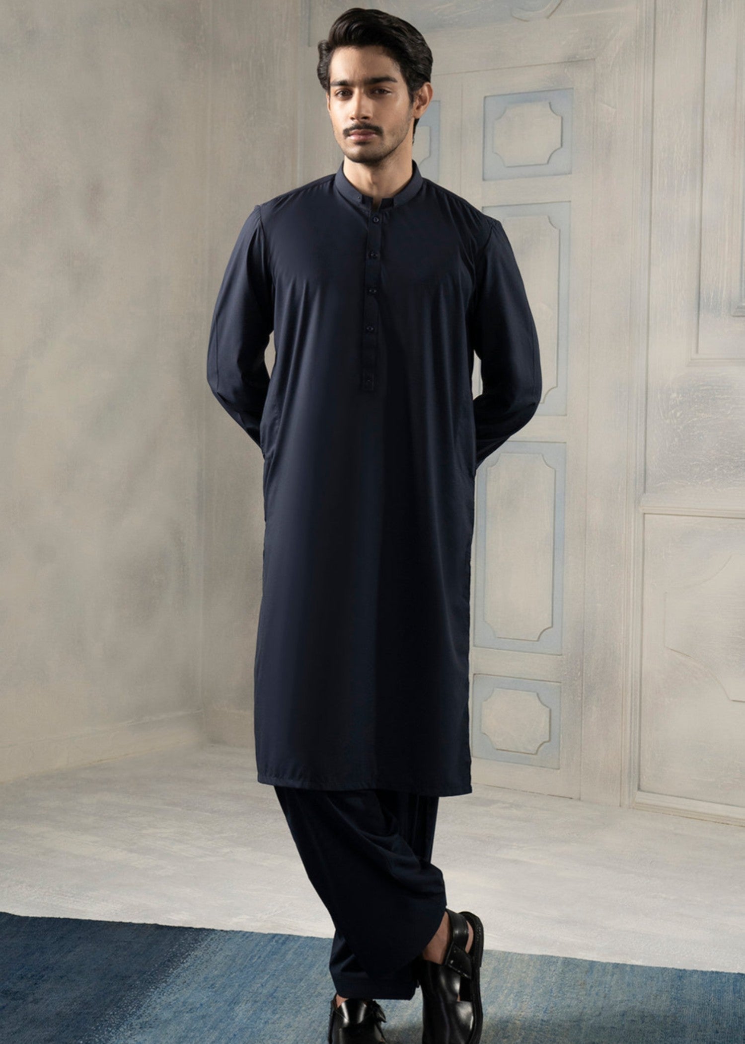 blended satin Shalwar Kameez in Navy blue