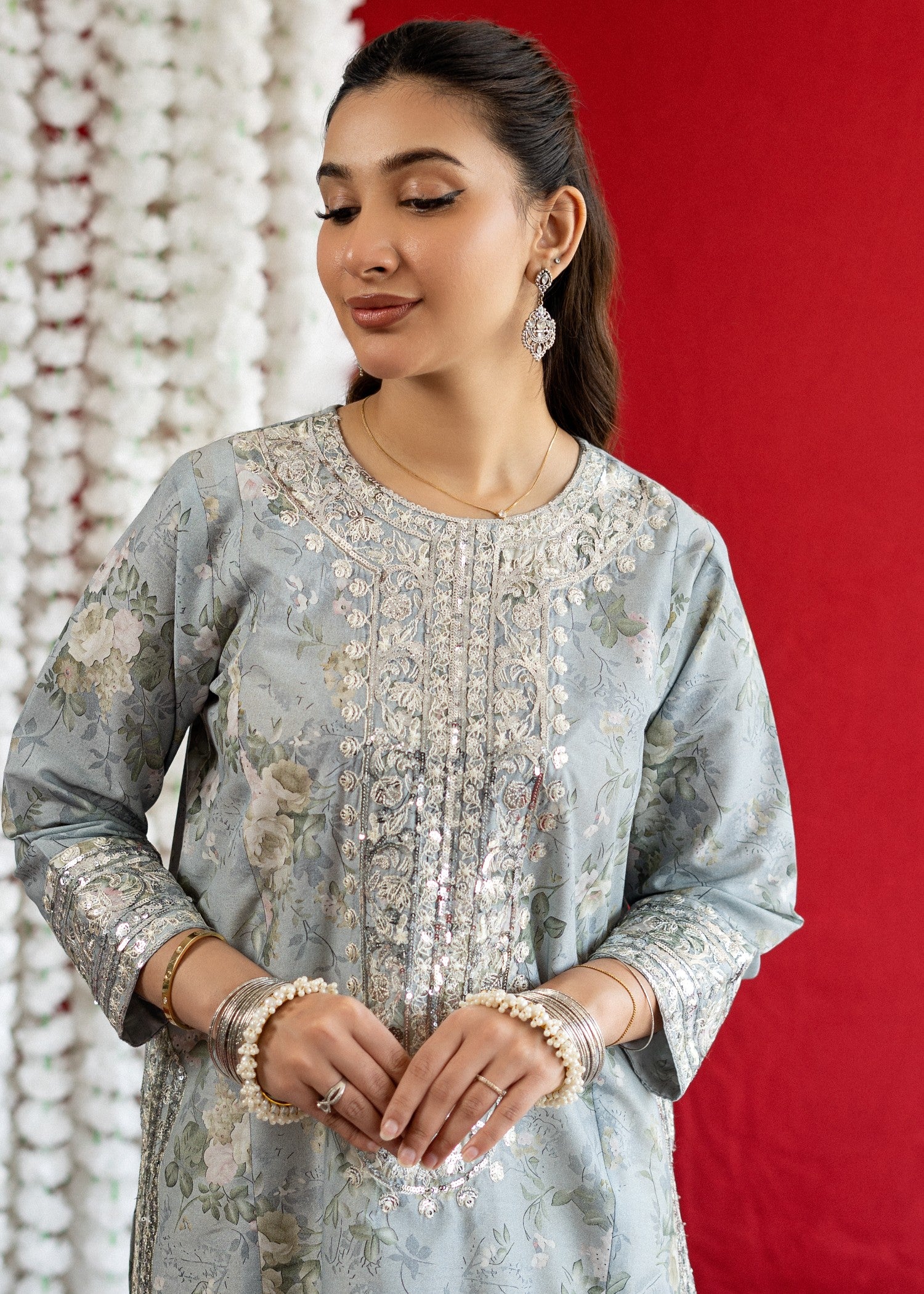 lawn Kurta Set in Off-white, light blue
