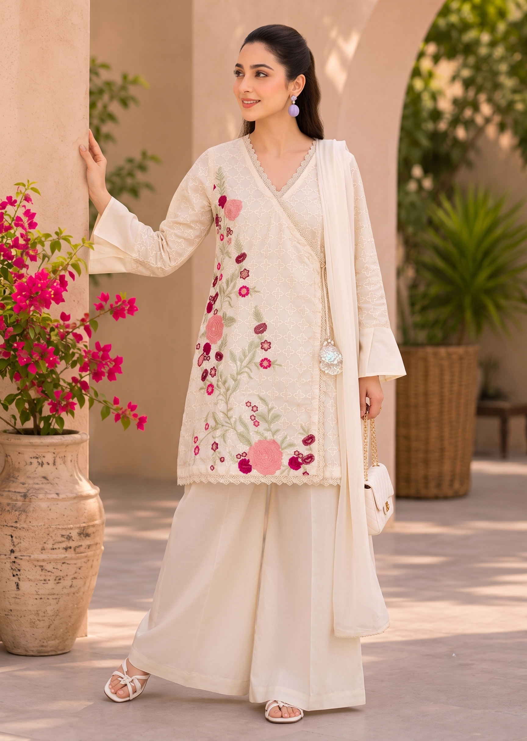 cotton crepe Angrakha in Ivory