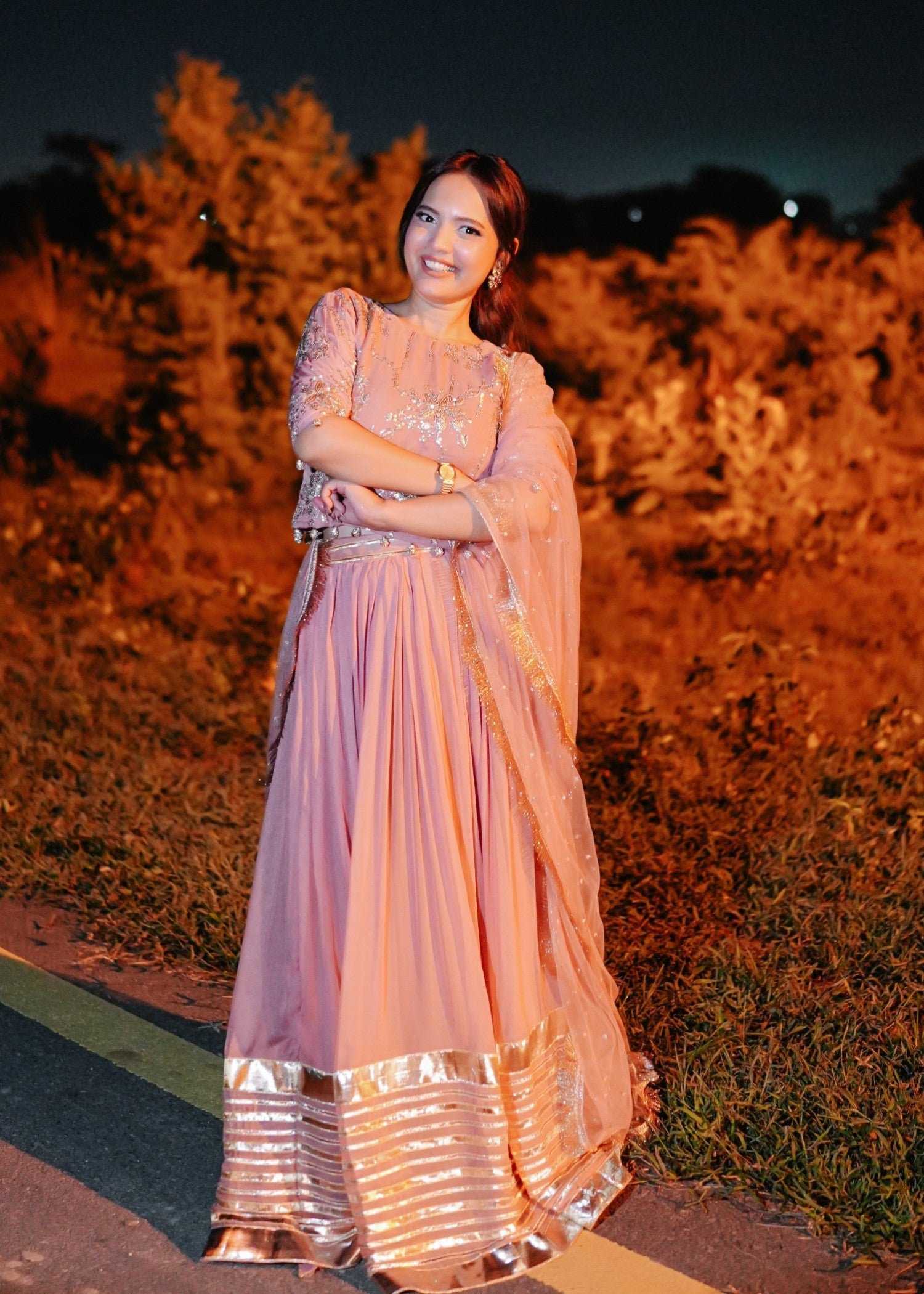 bemberg crinkle chiffon Lehenga in Pink