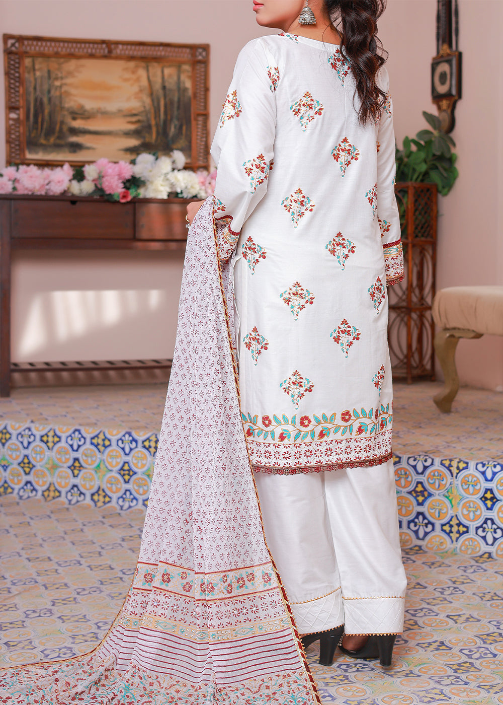 lawn Angrakha in White