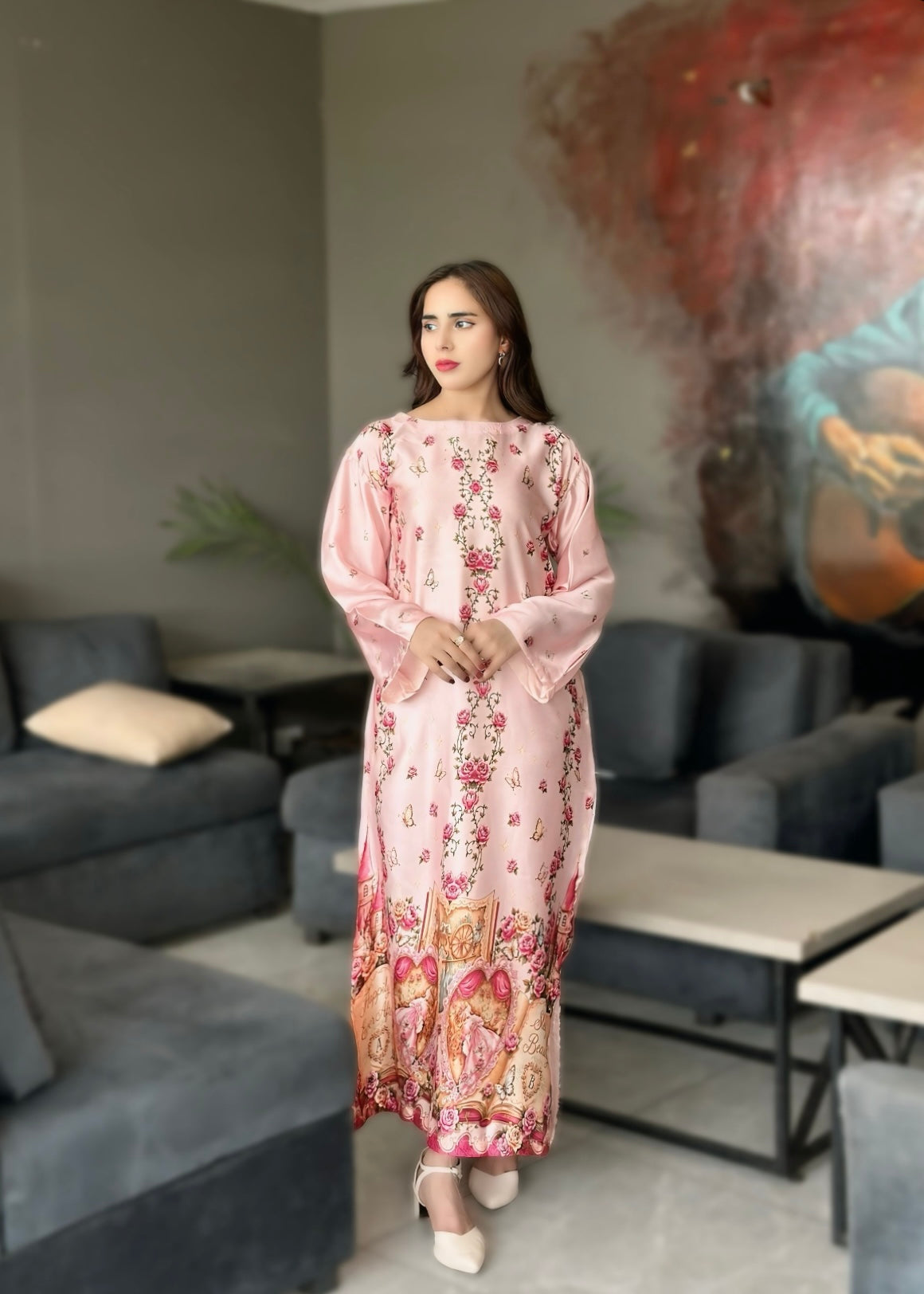 pk charmuse silk Kaftan in Pastel pink