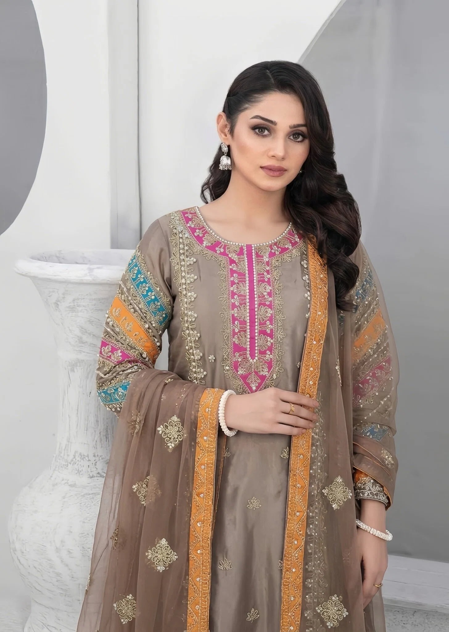 net Kurta Set in Camel brown