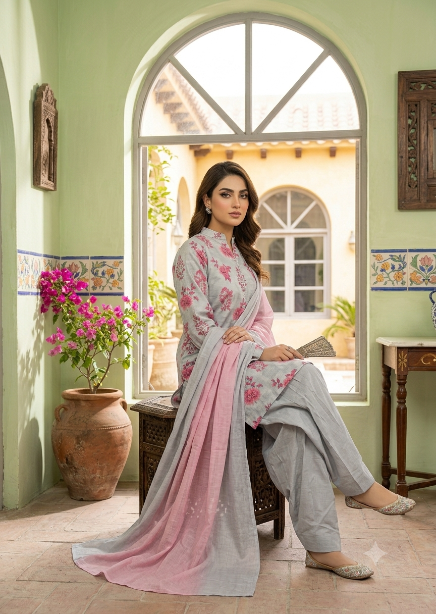cotton Kurta Set in Grey