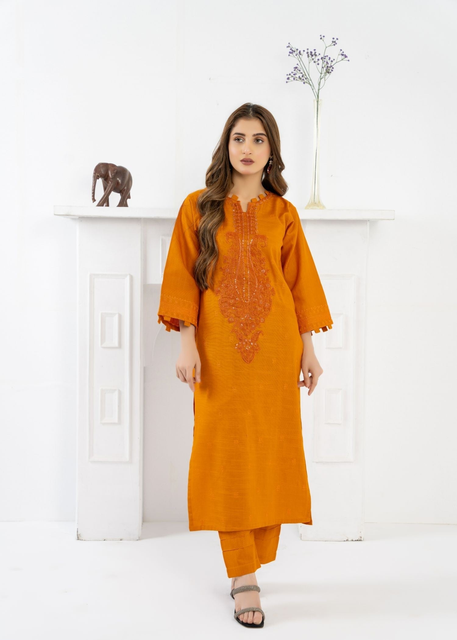 slub khaddar Kurta Set in Mustard