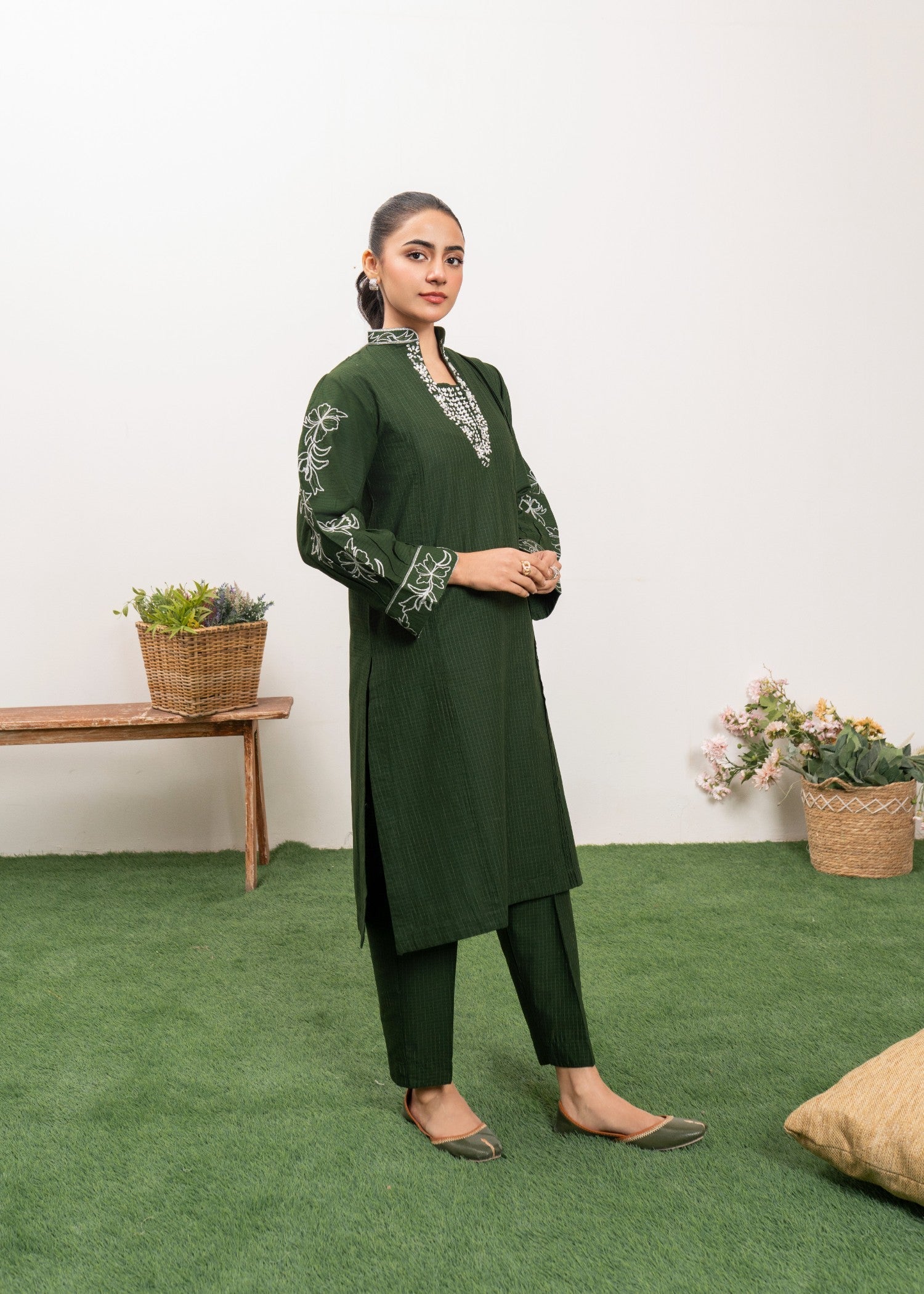 cambric Kurta Set in Dark green