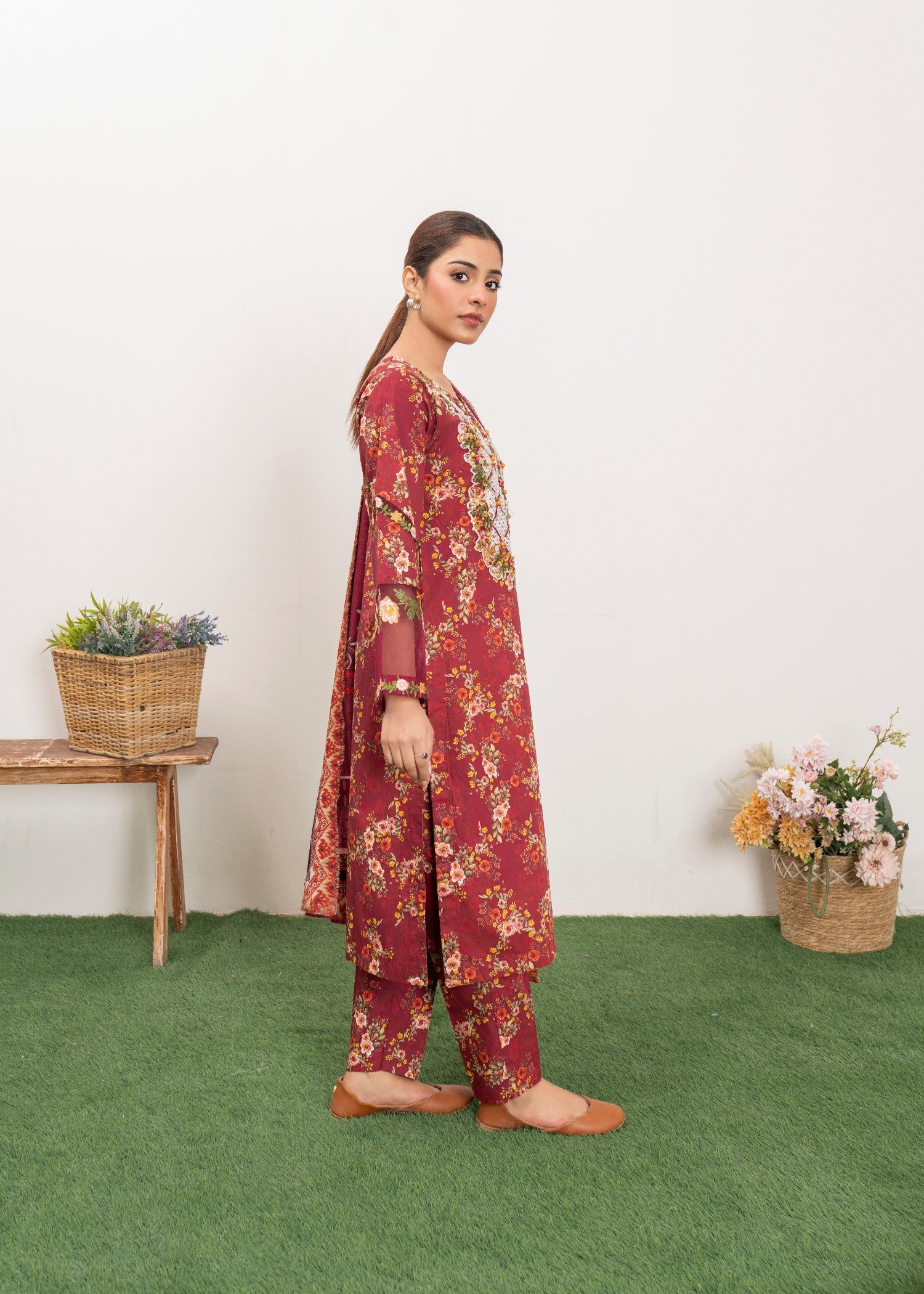 cambric Kurta Set in Maroon