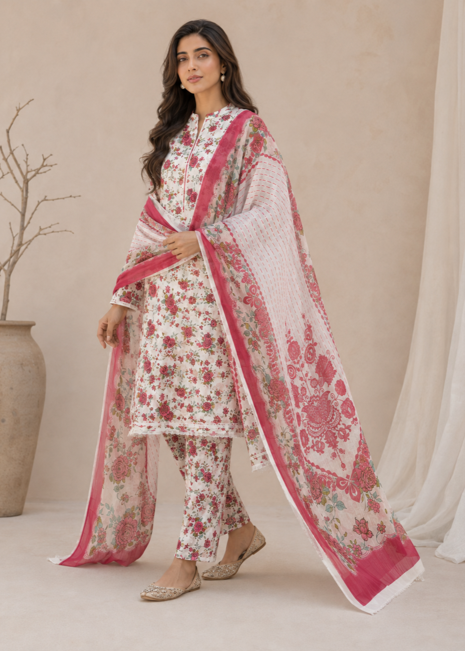 swiss lawn Unstitched in Off-white, strawberry pink