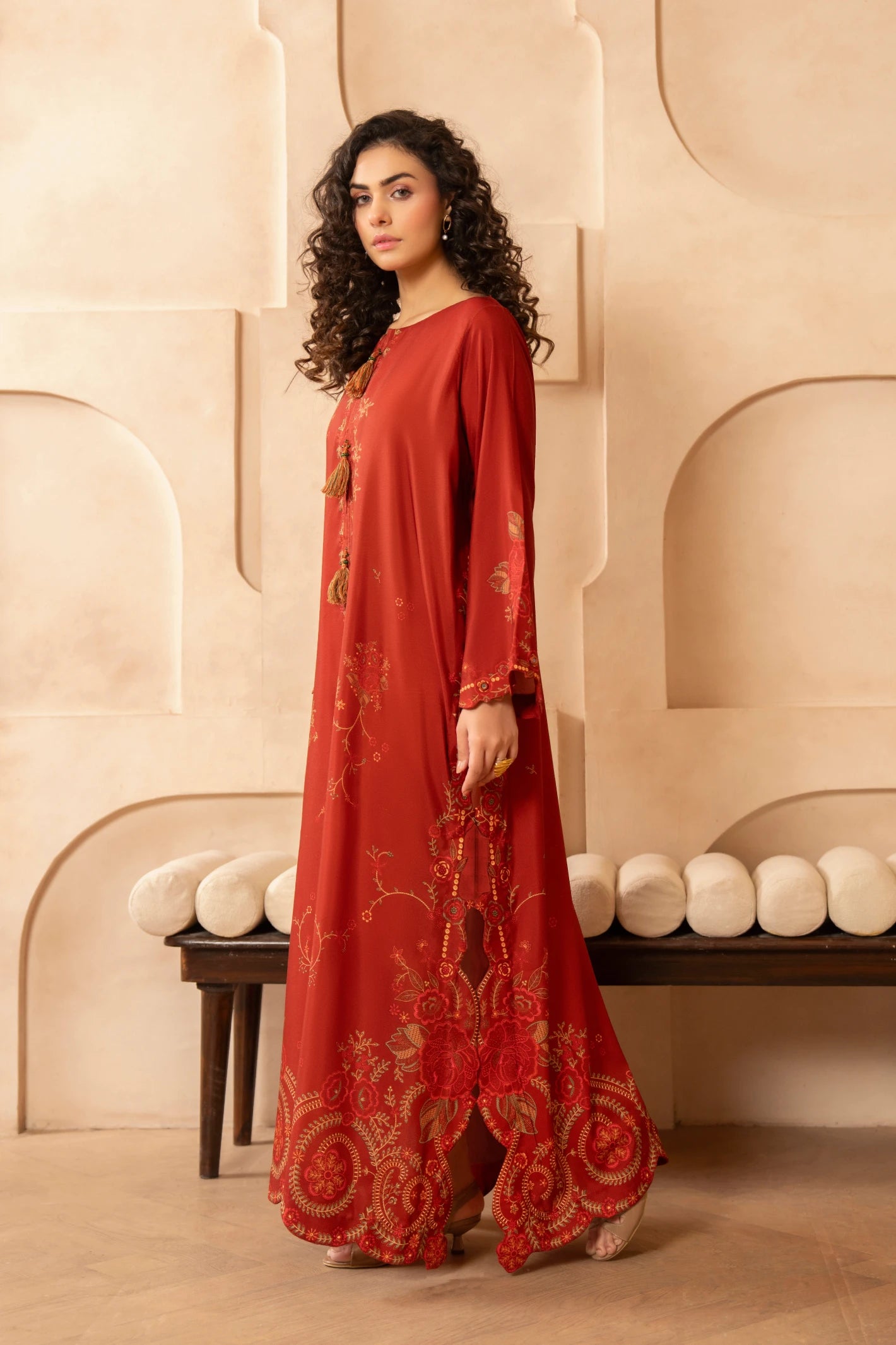 zari lawn Kaftan in Red