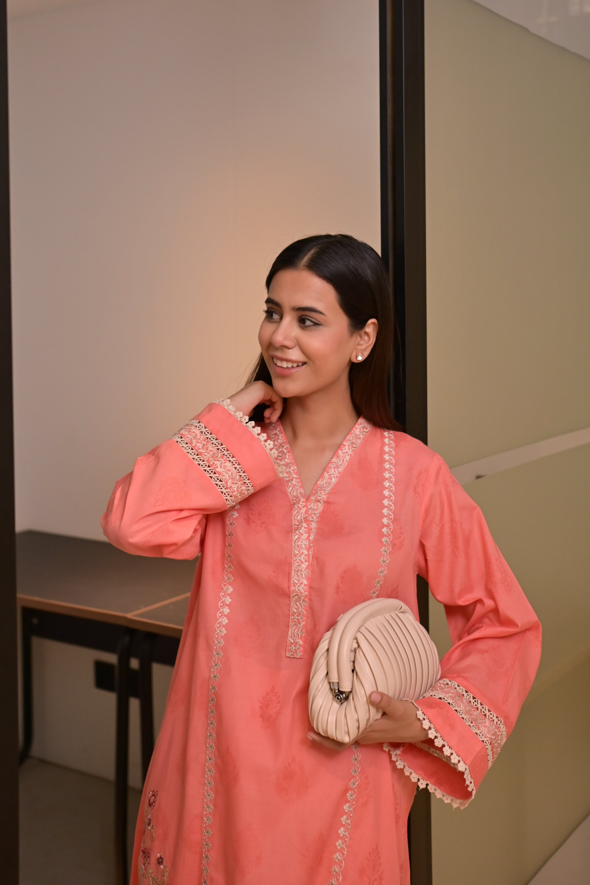 jacquard Kurti in Peach pink