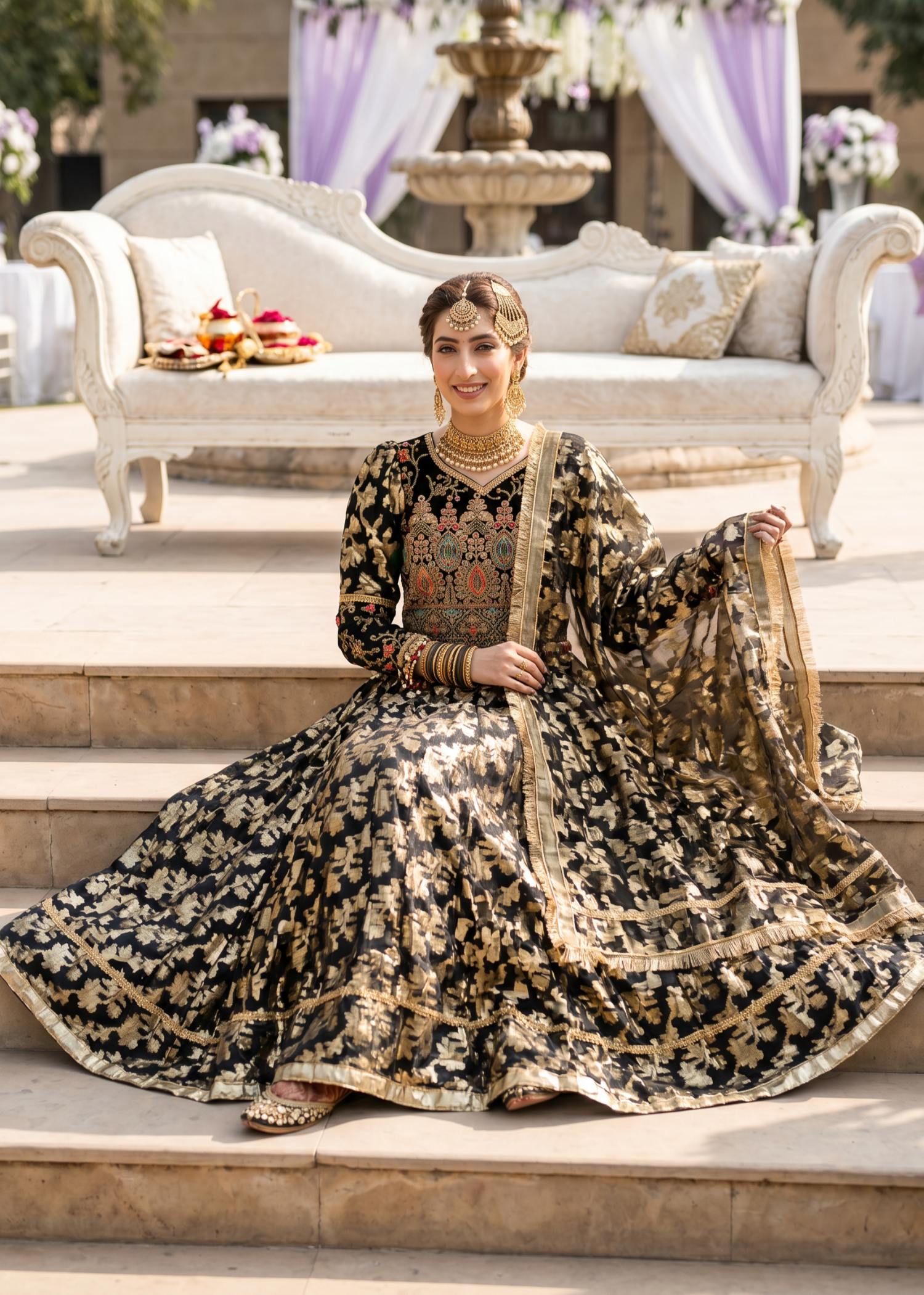 organza Lehenga in Black, gold