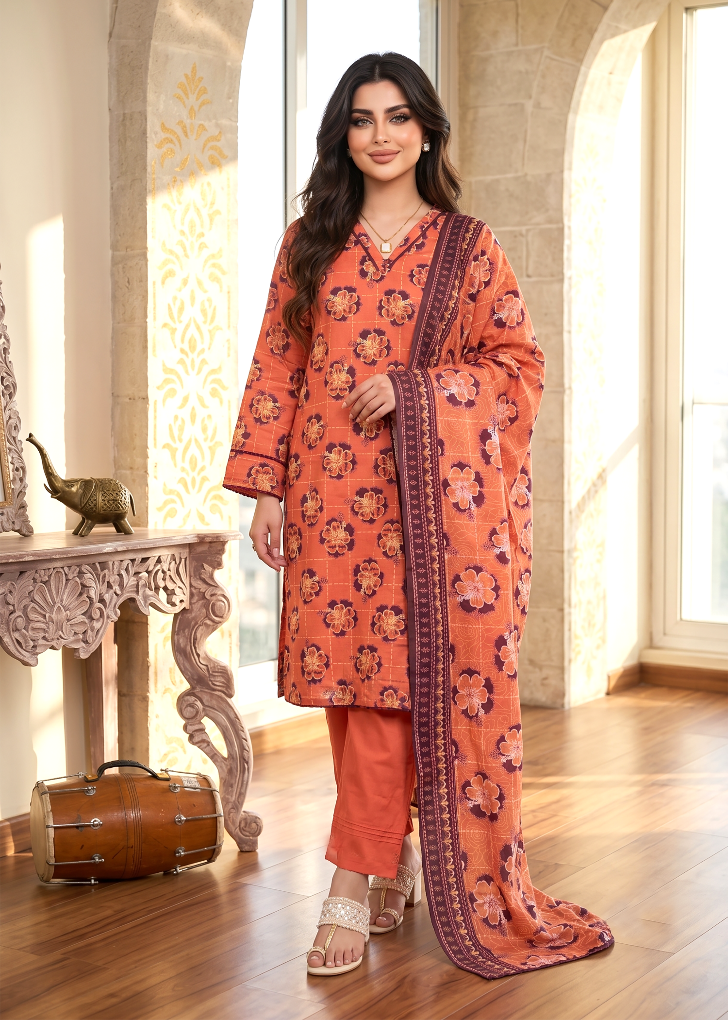 lawn Kurta Set in Coral red