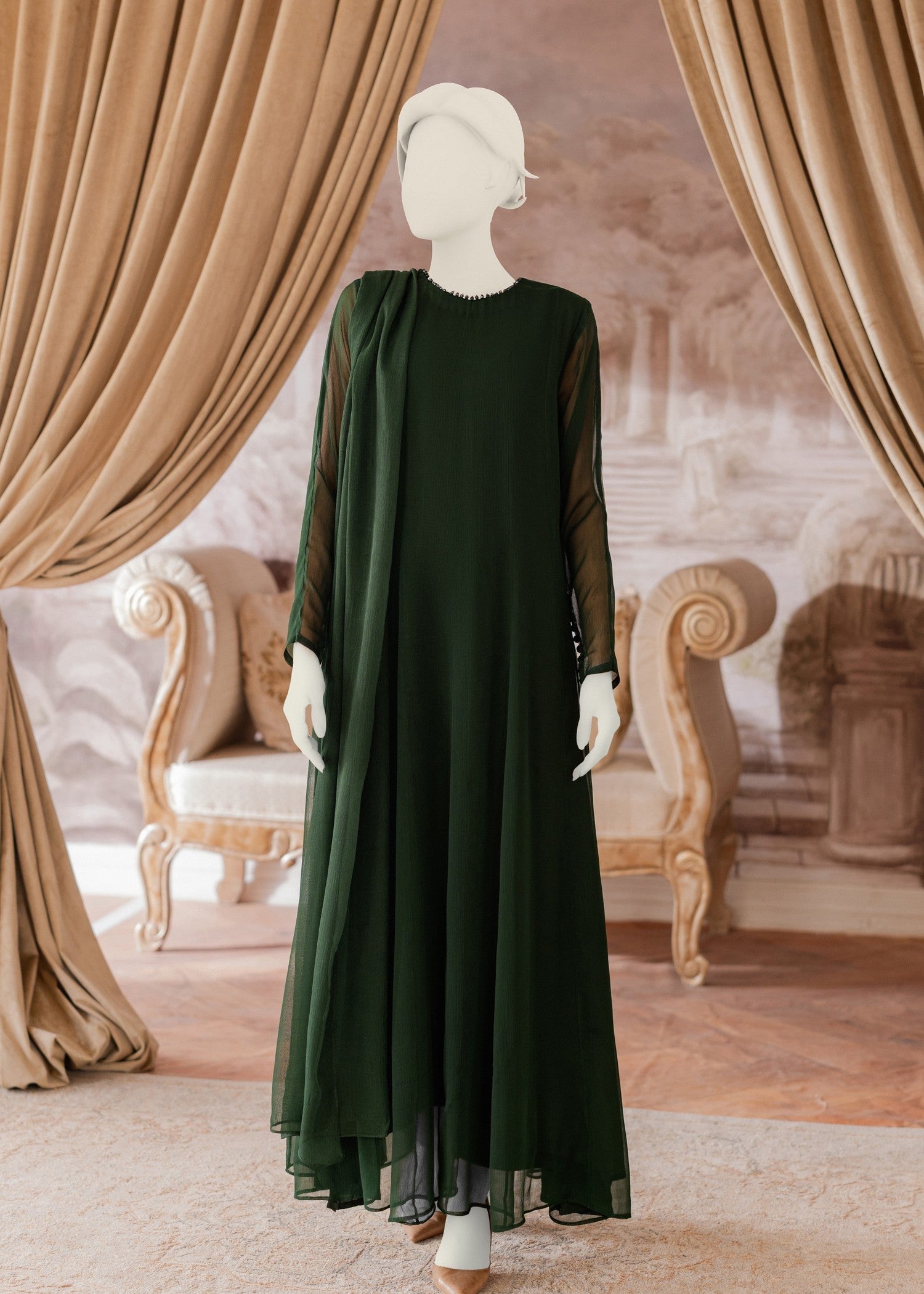 polyester chiffon Pishwas in Bottle green
