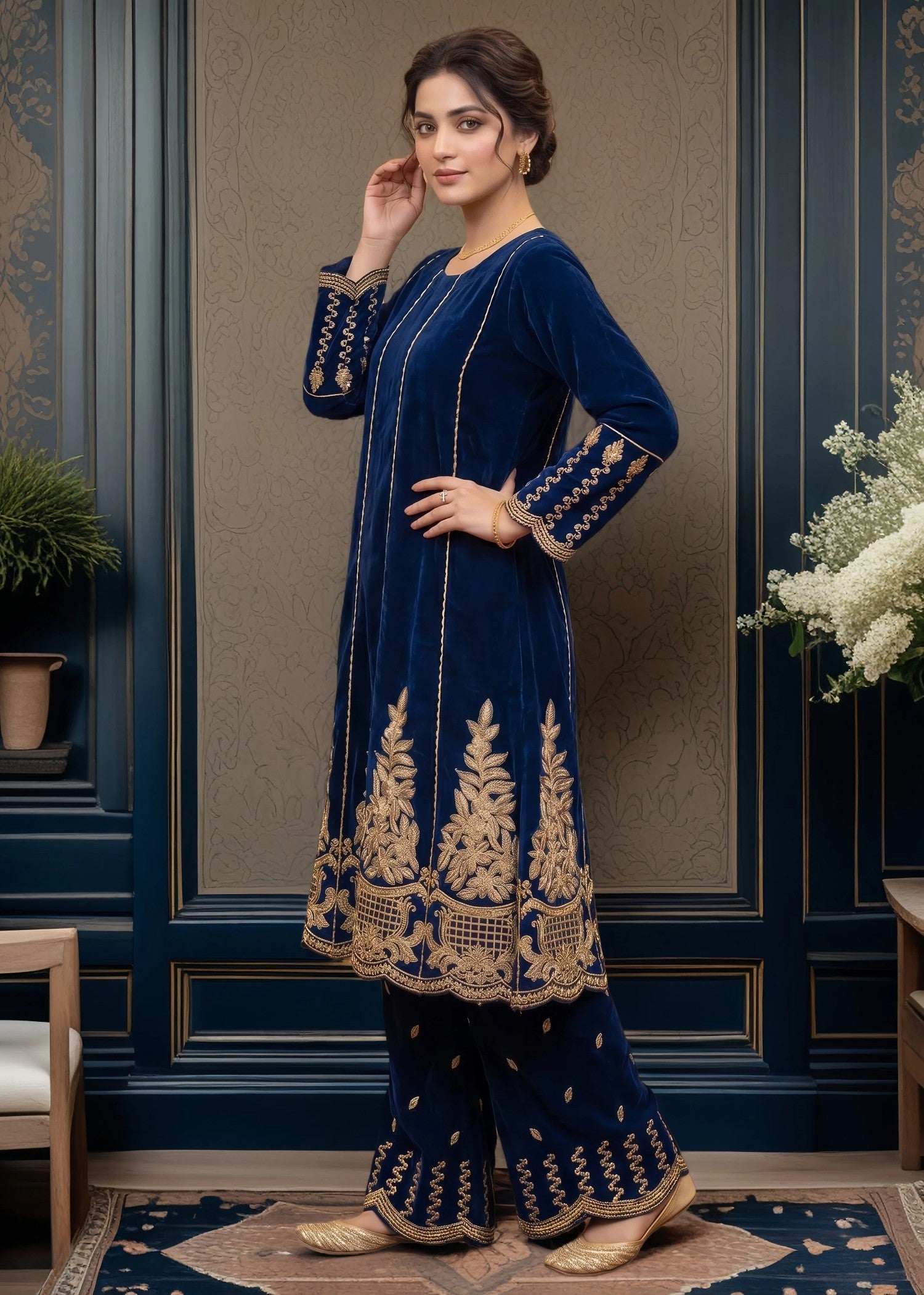 velvet Pishwas in Navy blue
