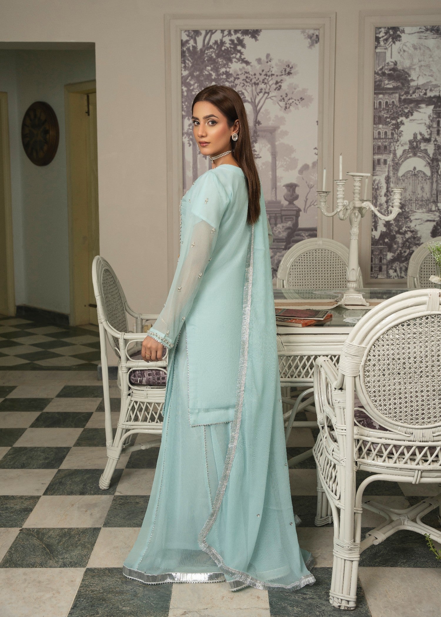 crinkle chiffon Sharara in Ice blue