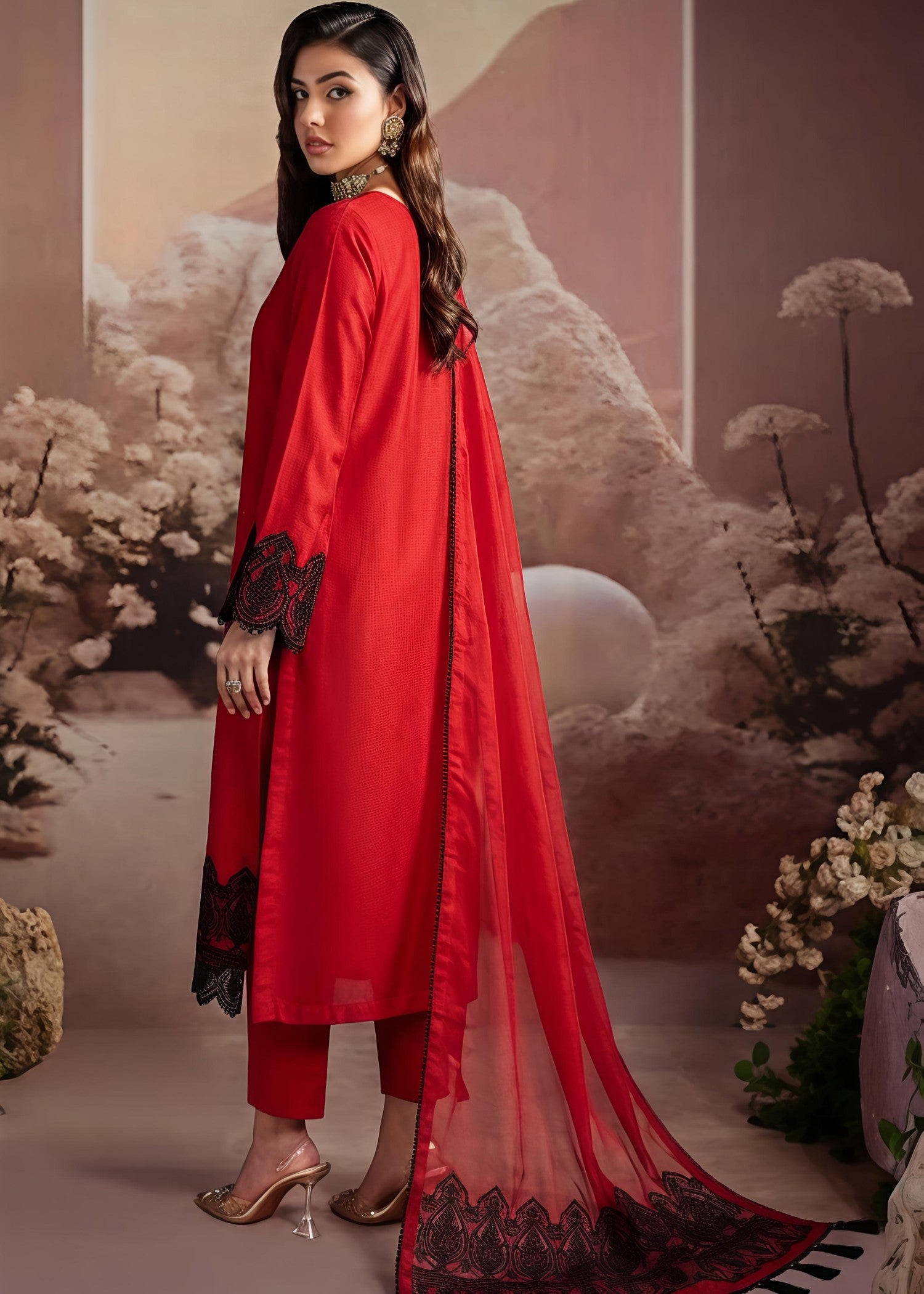 bemberg crinkle chiffon Kurta Set in Blood red