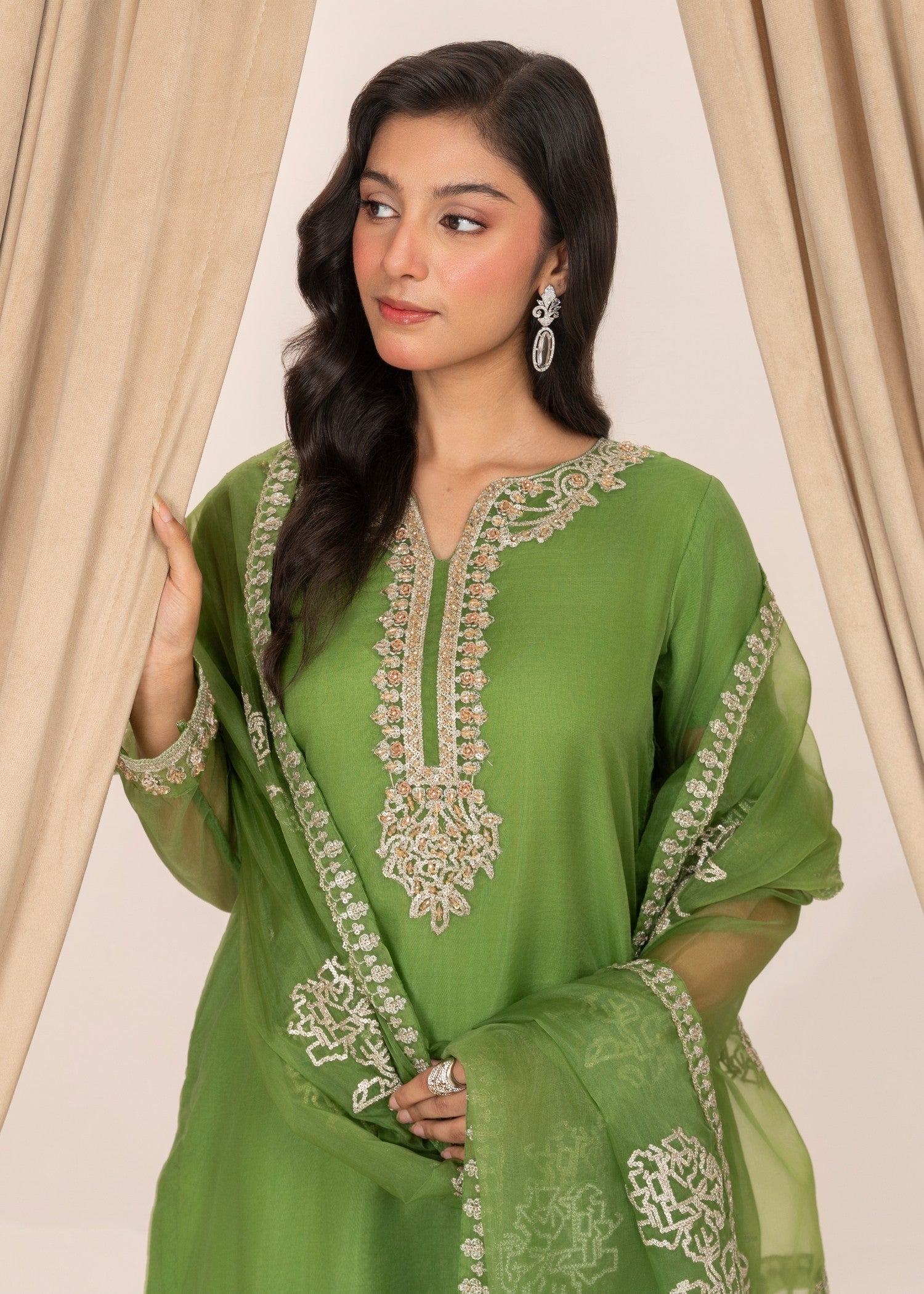 organza Kurta Set in Kelly green