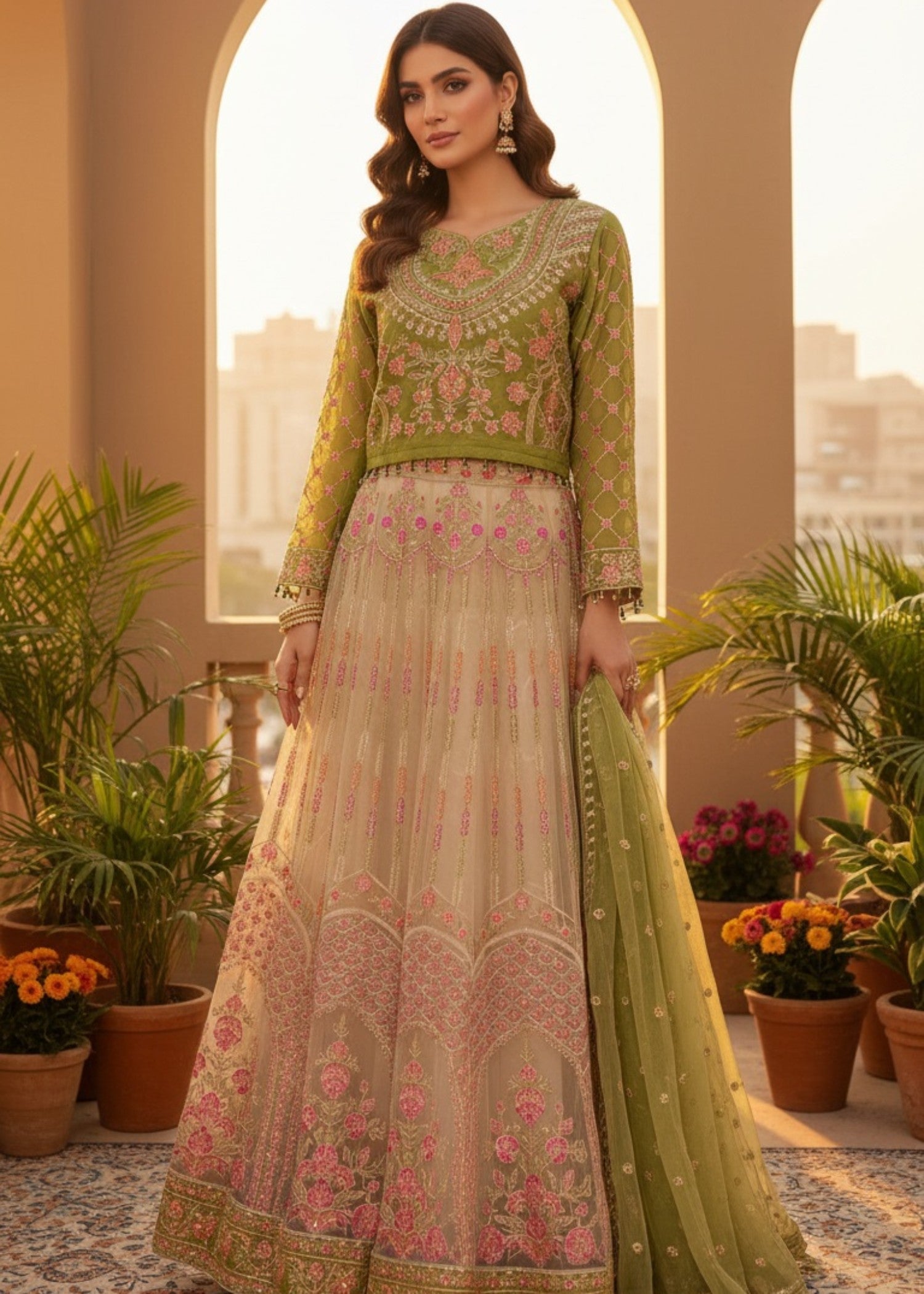 grip Lehenga in Pistachio green, ivory