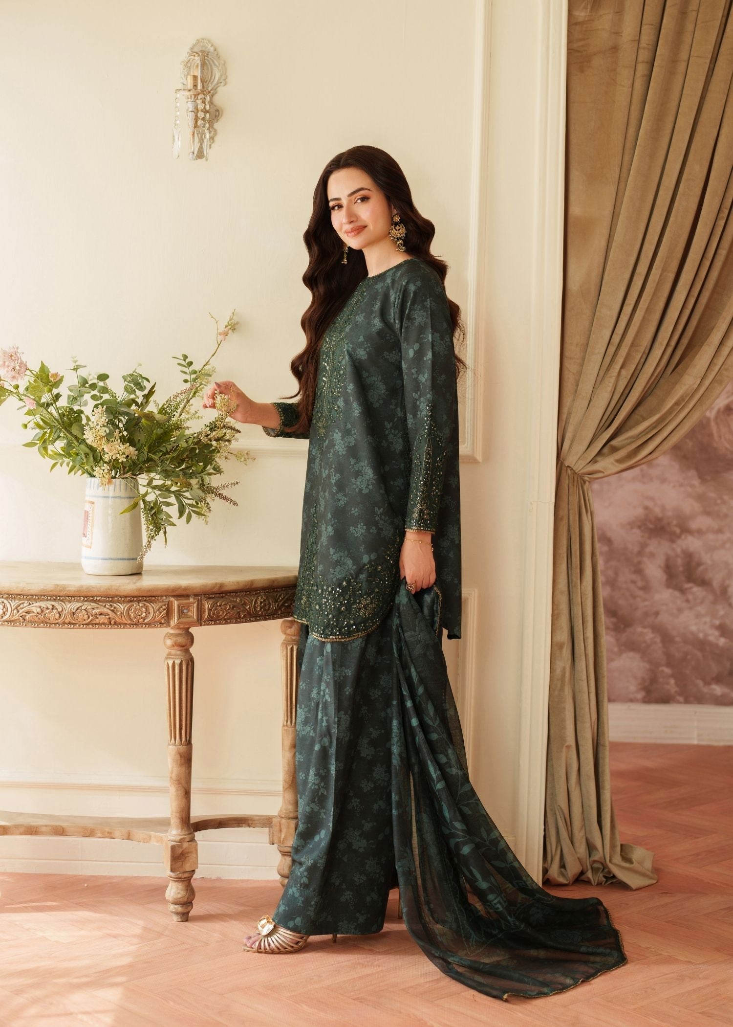 twill khaddar Kurta Set in Green