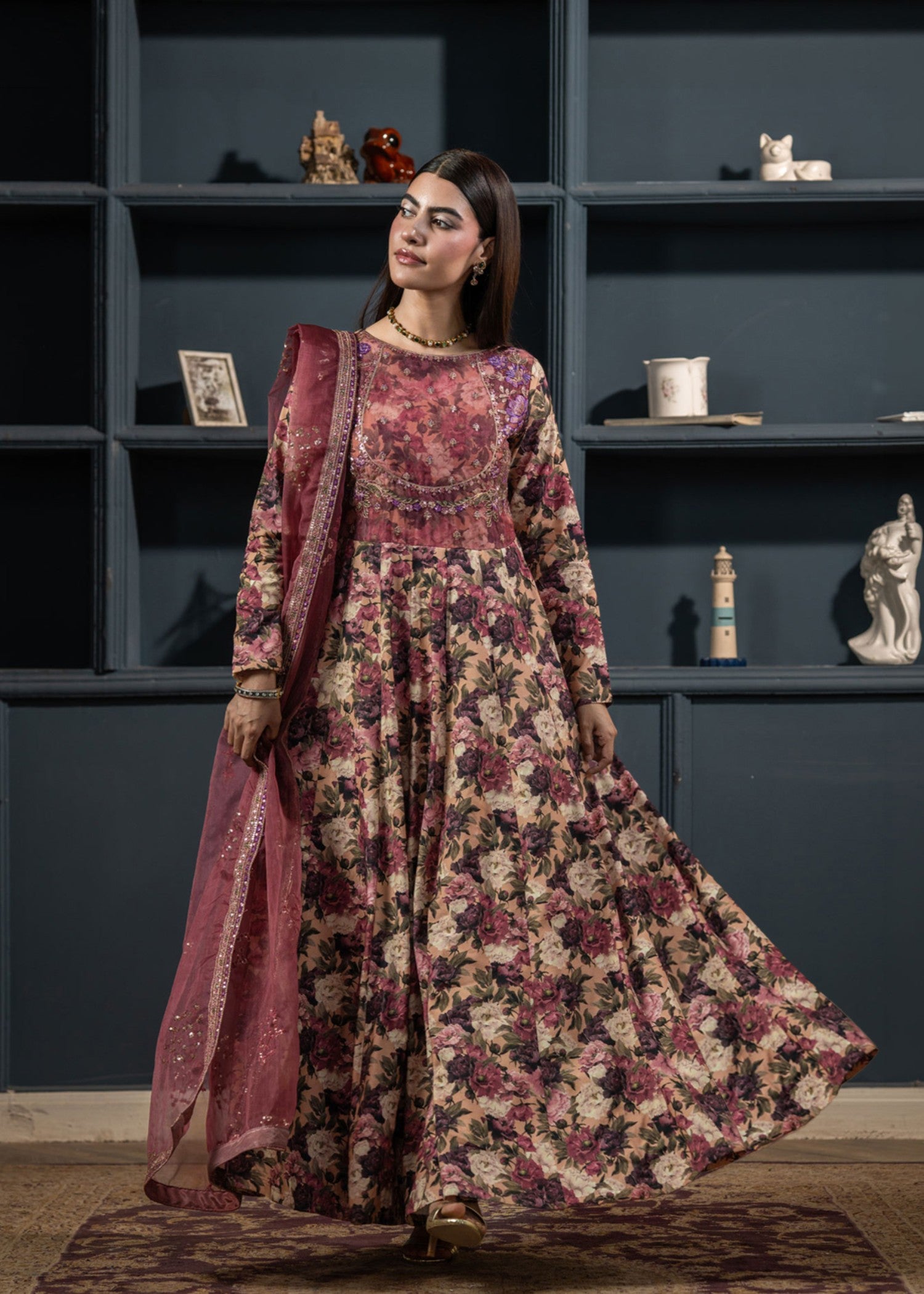 raw silk Pishwas in Peach orange